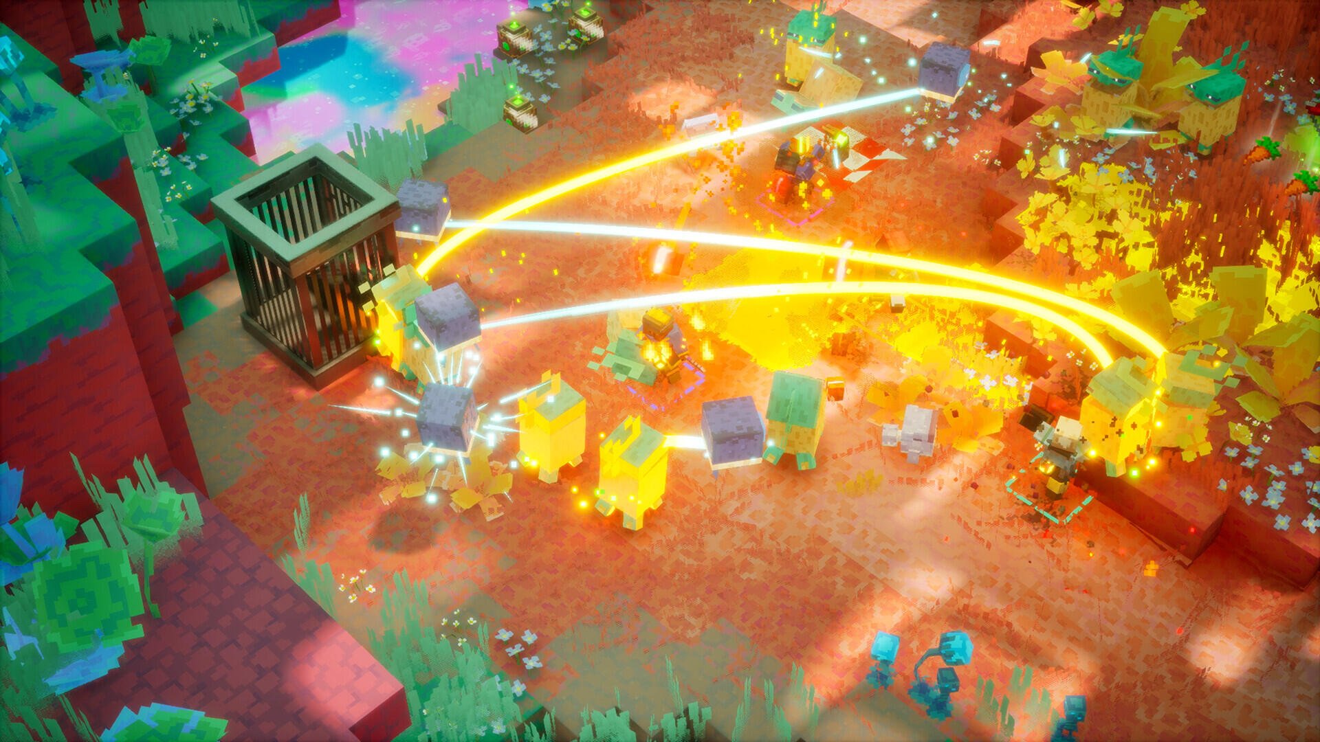 HD PC desktop wallpaper from Minecraft Dungeons II: blocky heroes and mobs clash in a fiery explosion, with glowing arc beams and scattered debris.