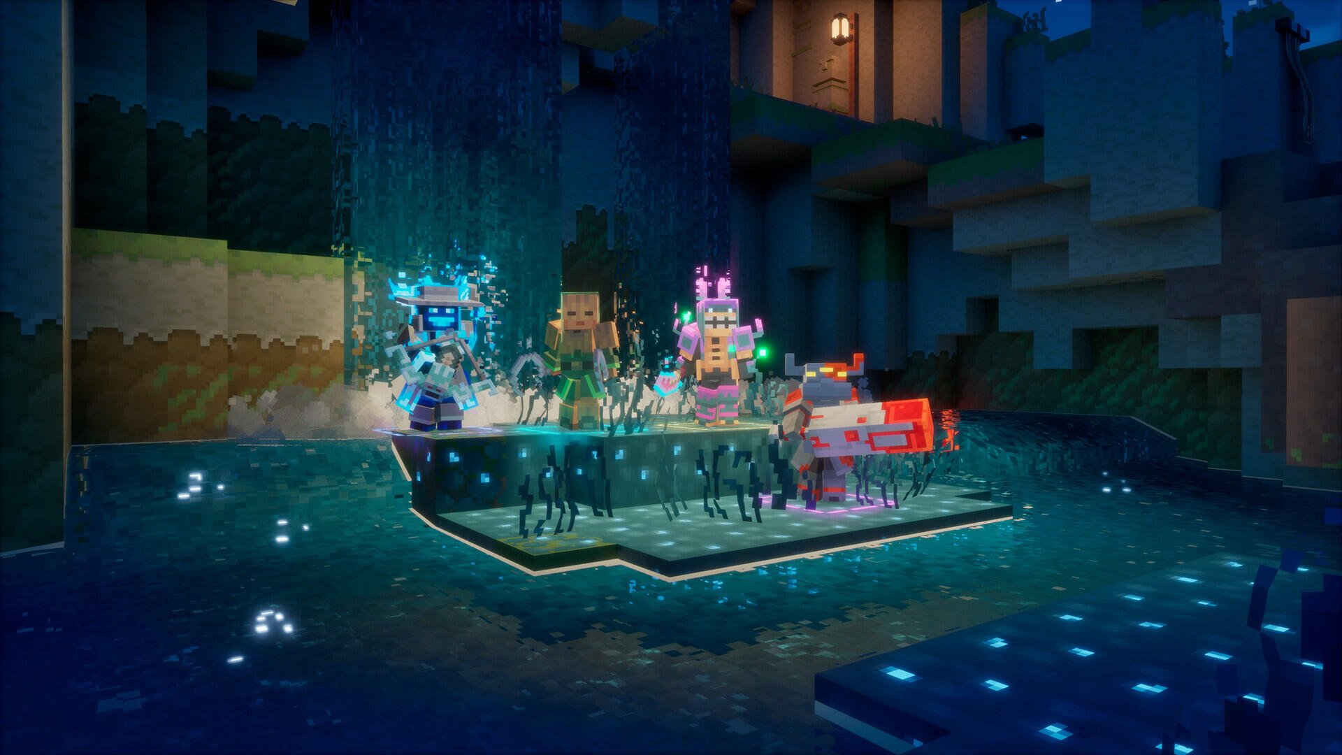 HD PC desktop wallpaper: pixel-art scene from Minecraft Dungeons II — Minecraft video game characters on a glowing platform in a blocky cave.
