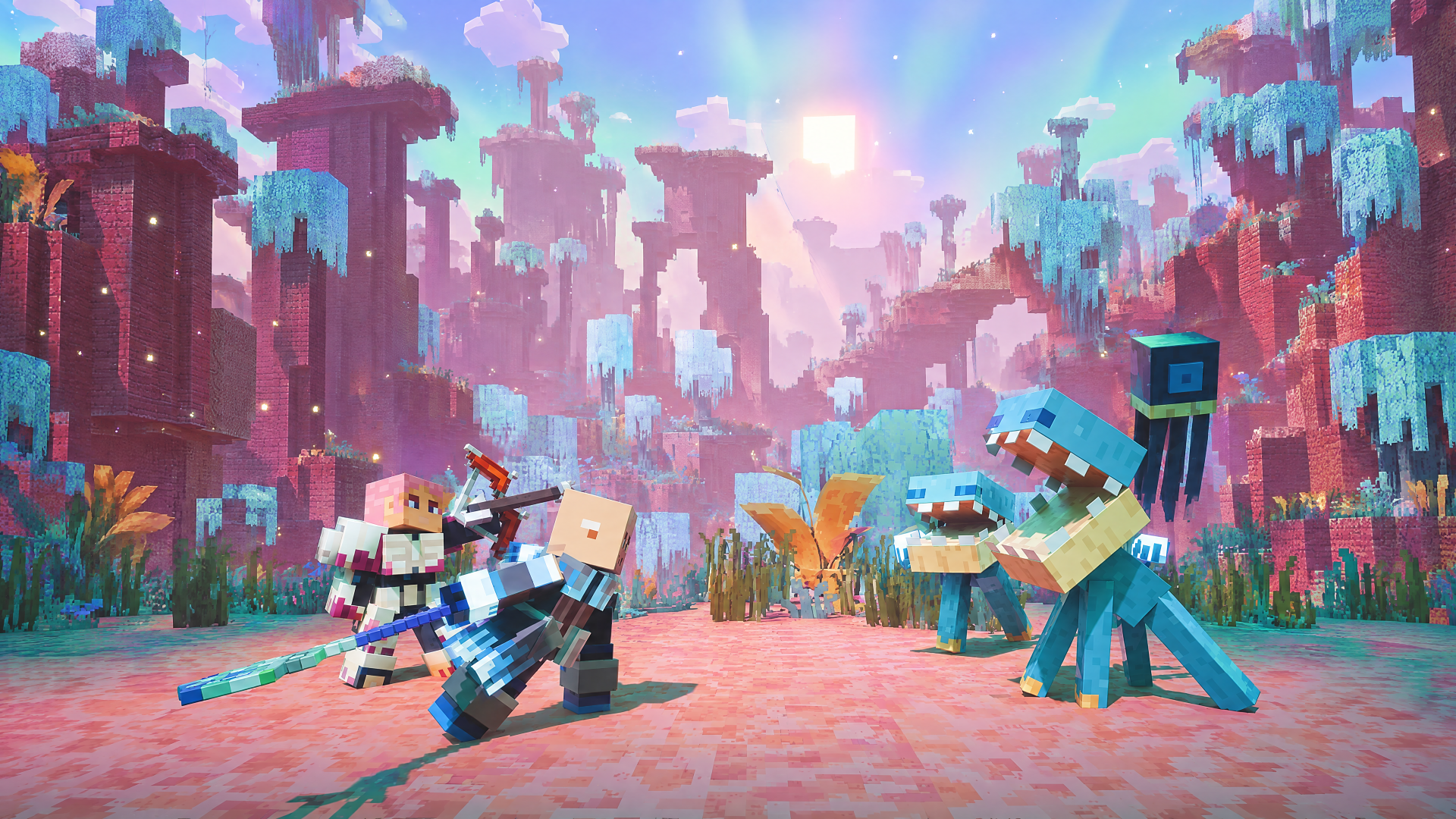 4K Ultra HD PC desktop wallpaper/background: Minecraft Dungeons II Minecraft scene with heroes fighting a blocky dinosaur across a colorful voxel landscape under a glowing sky.