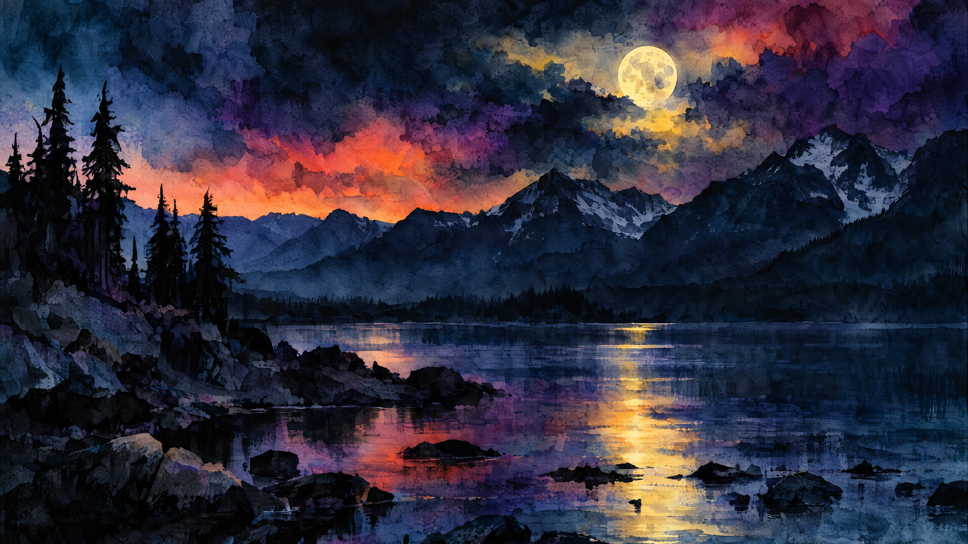 4K Ultra HD PC desktop wallpaper: dark landscape of a moonlit lake reflecting a full moon, rugged mountains and pine silhouettes beneath a dramatic purple-orange sky.