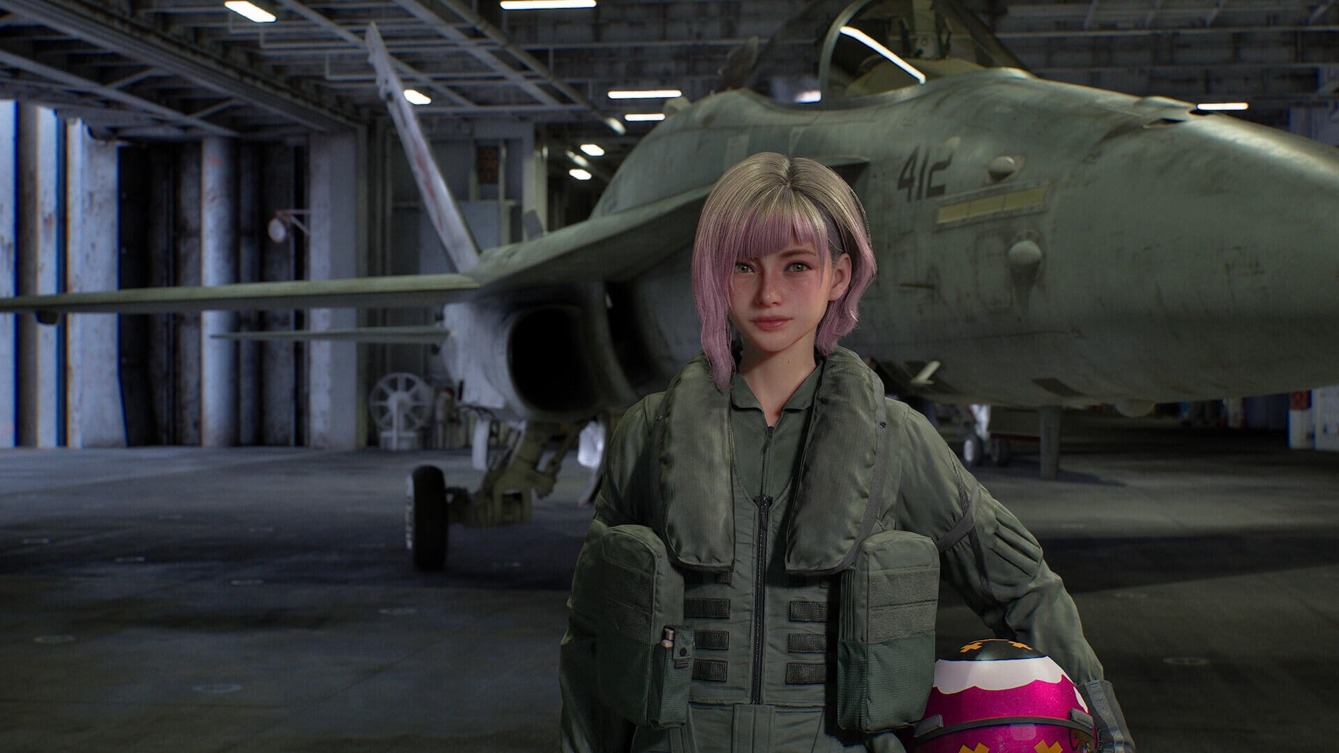 Ace Combat 8 HD PC desktop wallpaper: a woman pilot in a flight suit holding a helmet, standing in a dim hangar in front of a jet fighter.