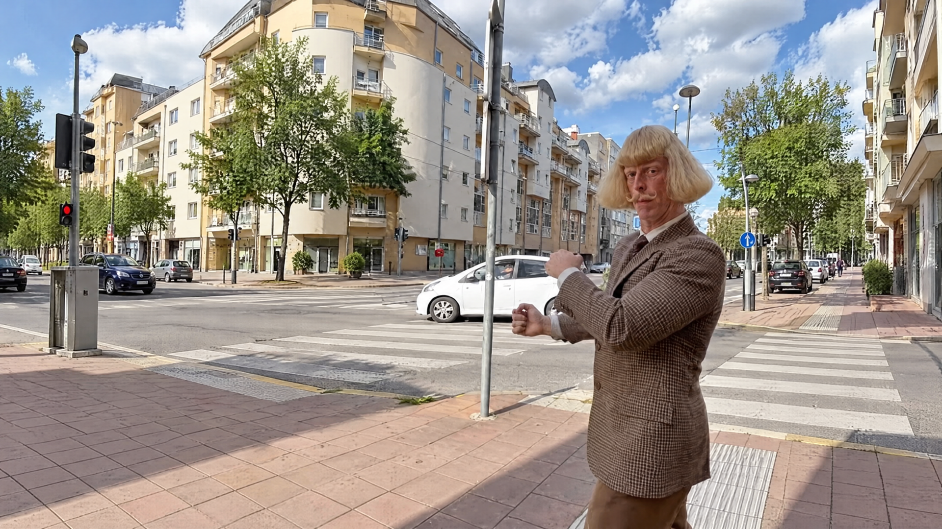 Jean Philanthrope meme — woman in a brown suit points on a sunny urban street; 4K Ultra HD PC desktop wallpaper/background.