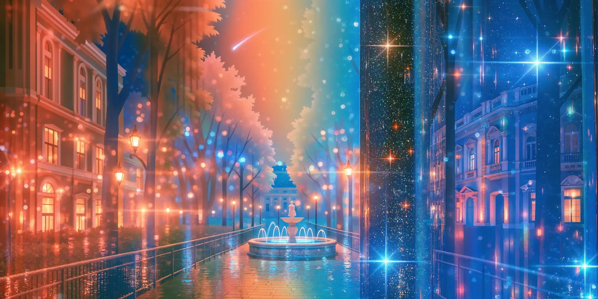 4K Ultra HD PC desktop wallpaper: soft-colored canal at dusk with illuminated buildings and trees, a central fountain under a glowing rainbow sky and twinkling lights.