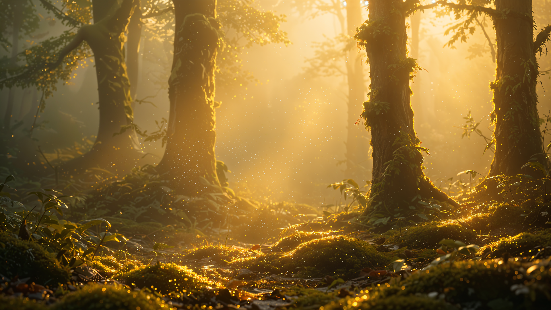4K Ultra HD PC desktop wallpaper: ambient, sunlit forest with golden rays streaming through moss-covered trees, ferns and a mist-kissed woodland floor.