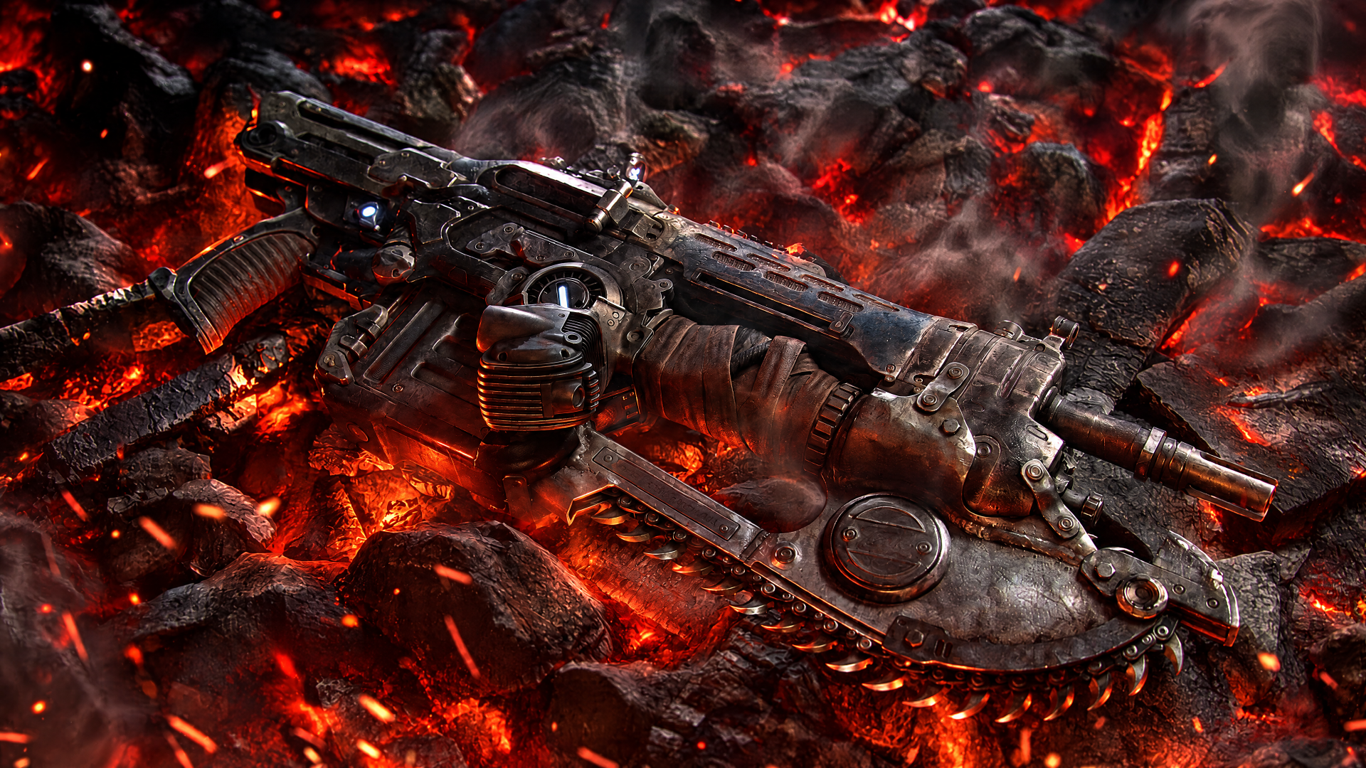 4K Ultra HD PC wallpaper: Gears of War E-Day — a scorched rifle with chainsaw bayonet rests amid glowing molten ruins.