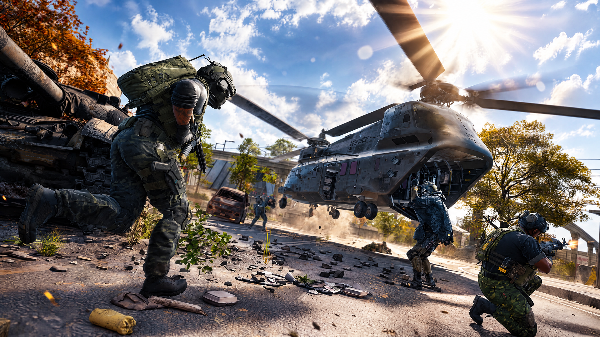Call of Duty: Modern Warfare 4 soldiers beside a military helicopter in a sunlit combat zone, 4K Ultra HD PC desktop wallpaper and background.