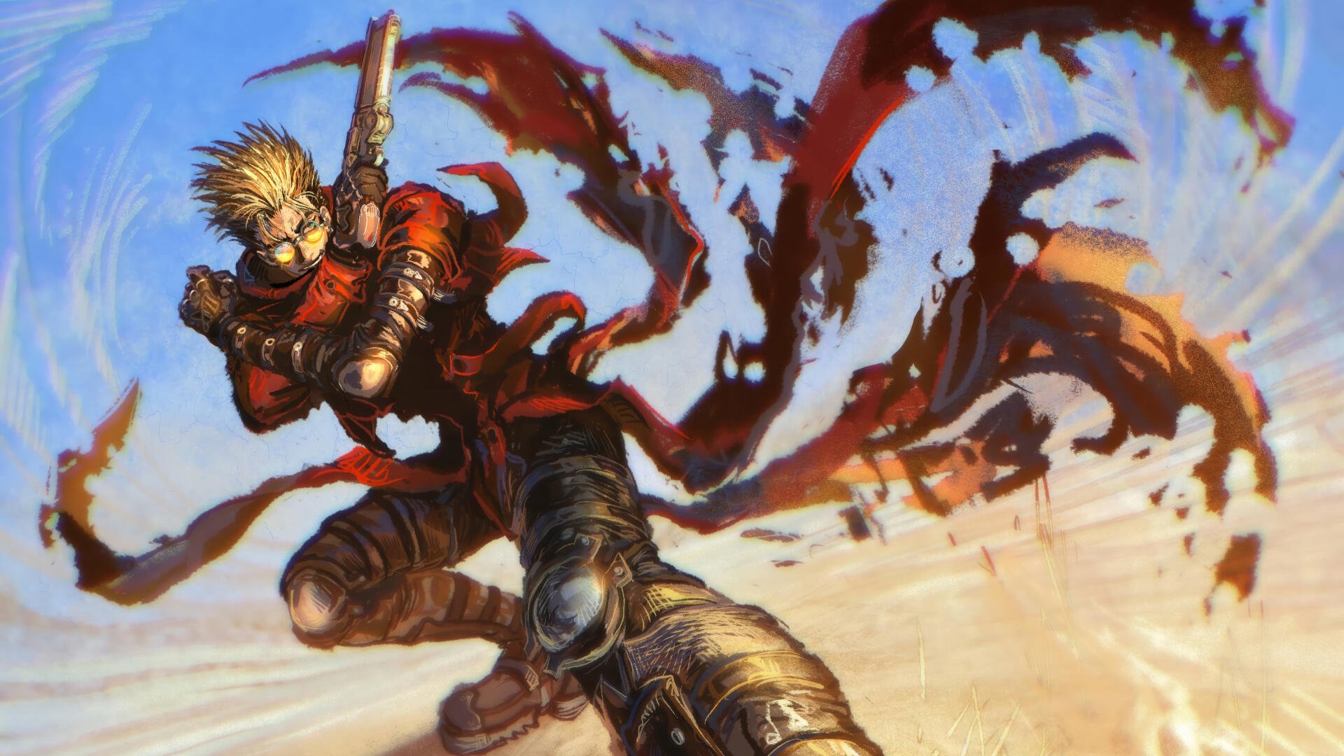 Trigun 4K Ultra HD PC desktop wallpaper featuring Vash the Stampede charging across a desert in his flowing red coat.