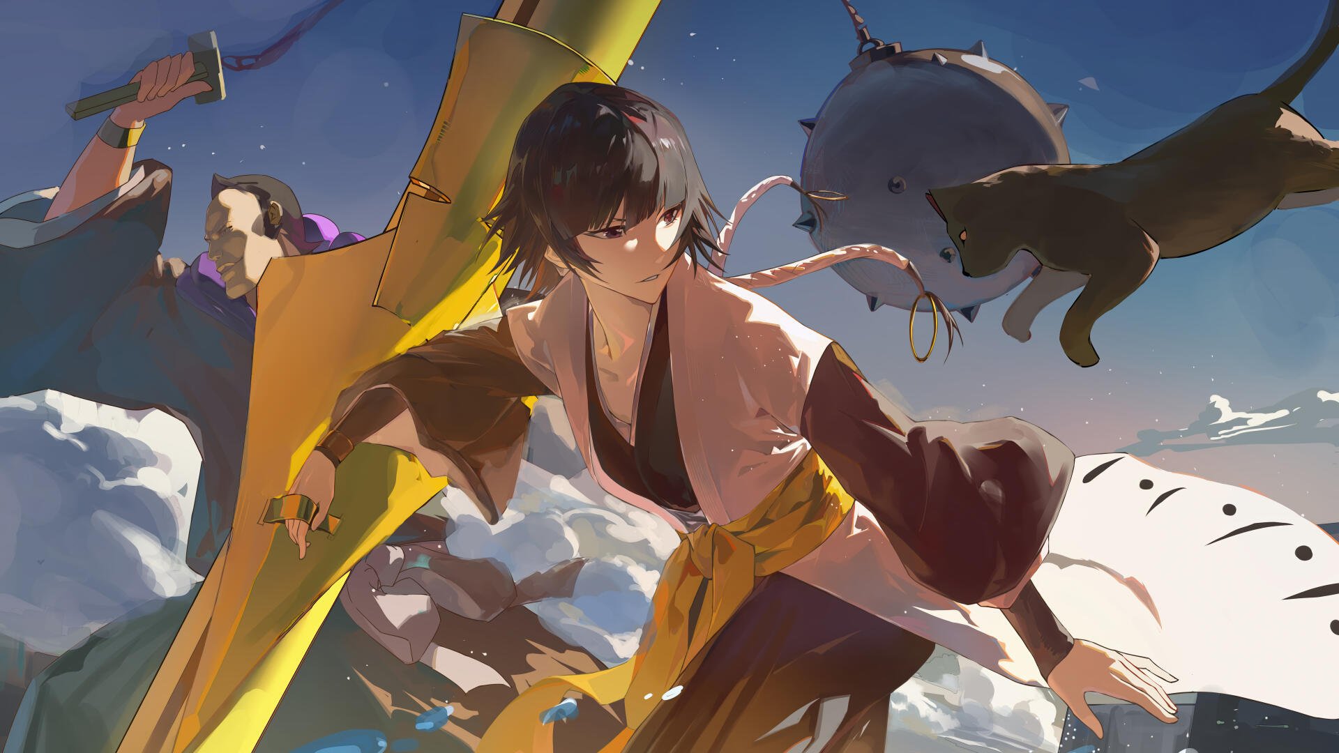 Bleach 8K Ultra HD PC desktop wallpaper and background featuring a dark-haired anime warrior soaring through a vivid sky.