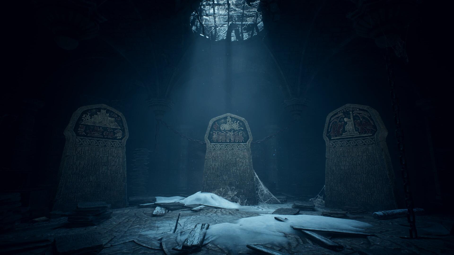 Dragon’s Dogma 2: Dark Arisen 4K PC wallpaper showing tombstones in a shadowy crypt beneath a beam of light.