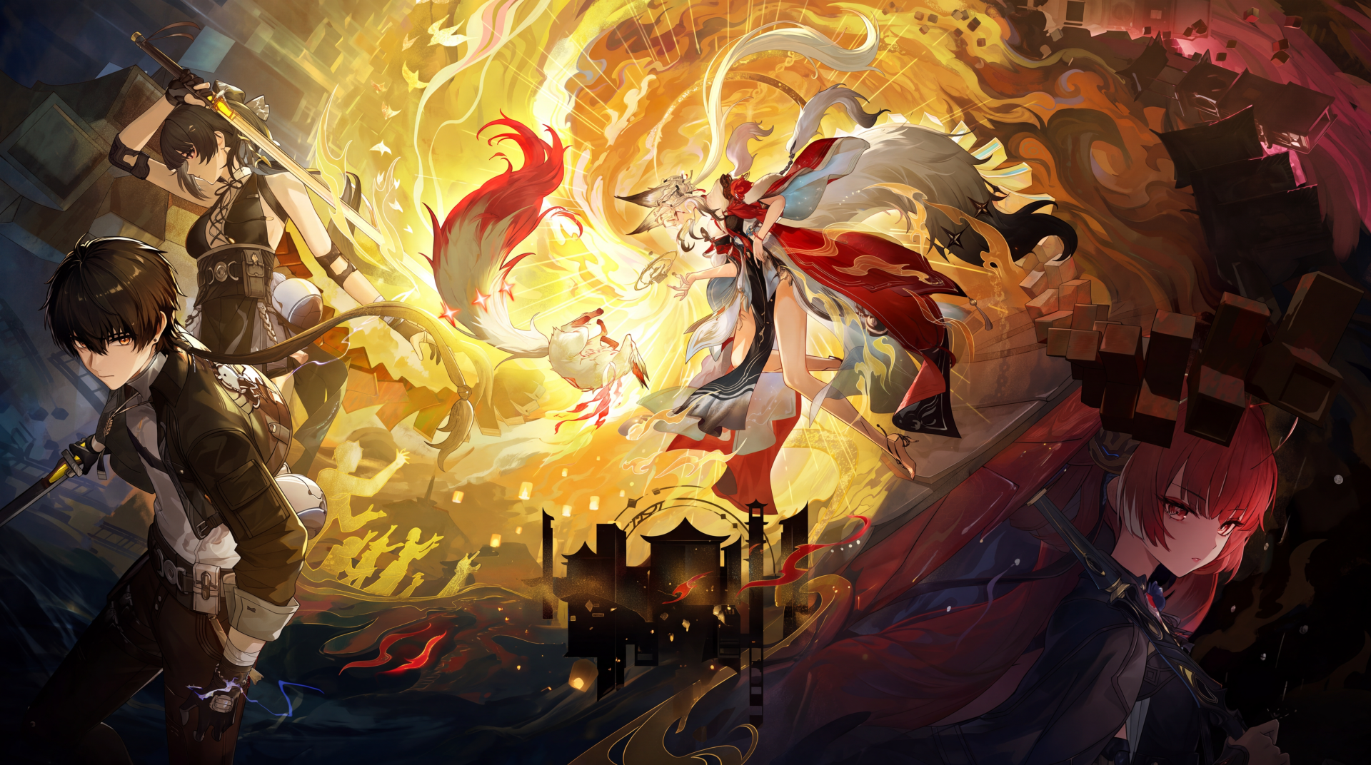 Wuthering Waves anime wallpaper featuring Hsin and Rover amid a dramatic golden battle, 5K Ultra HD PC desktop background.