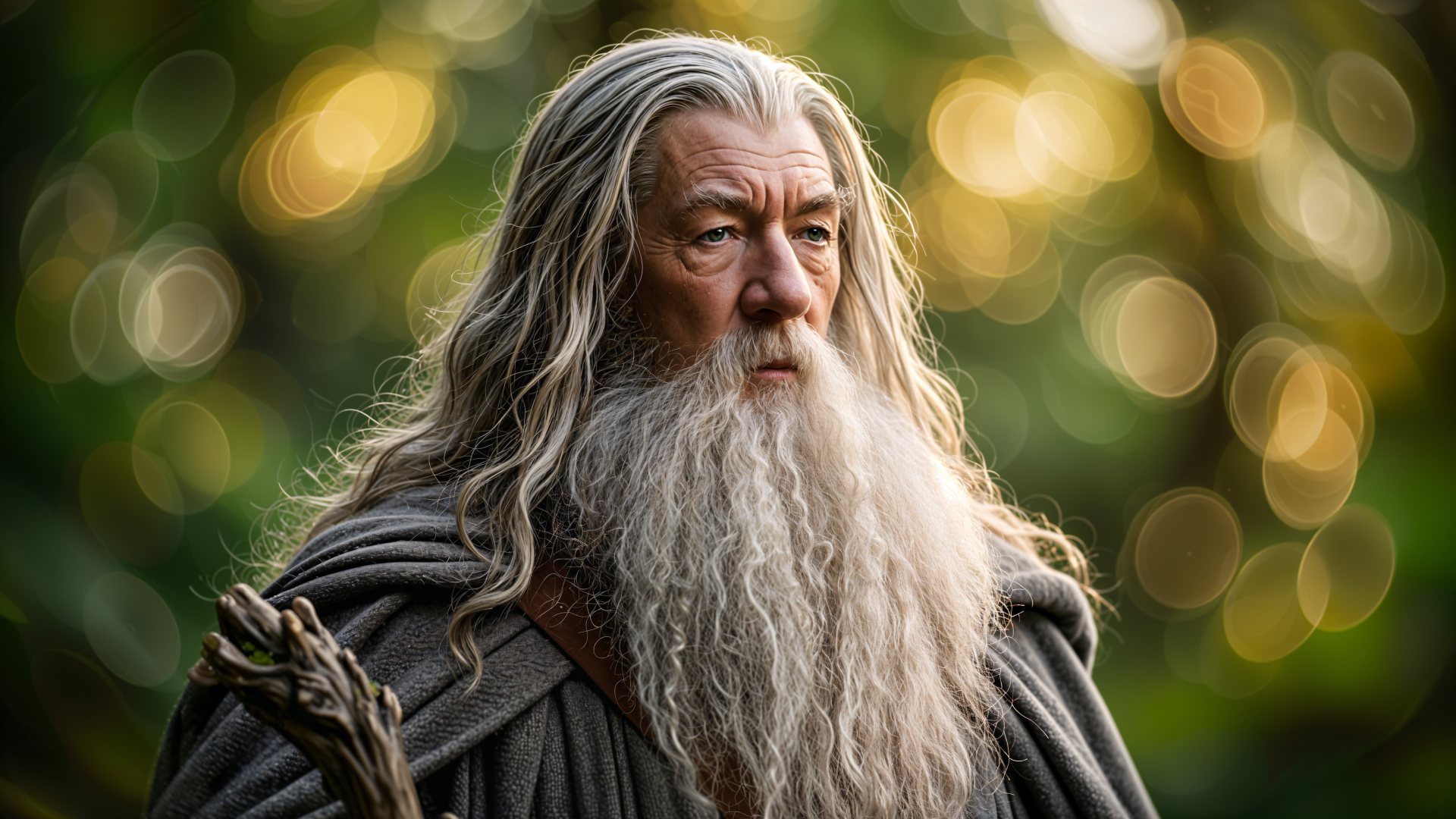 Gandalf with long silver hair and beard in a forest, 4K Ultra HD PC desktop wallpaper and background.