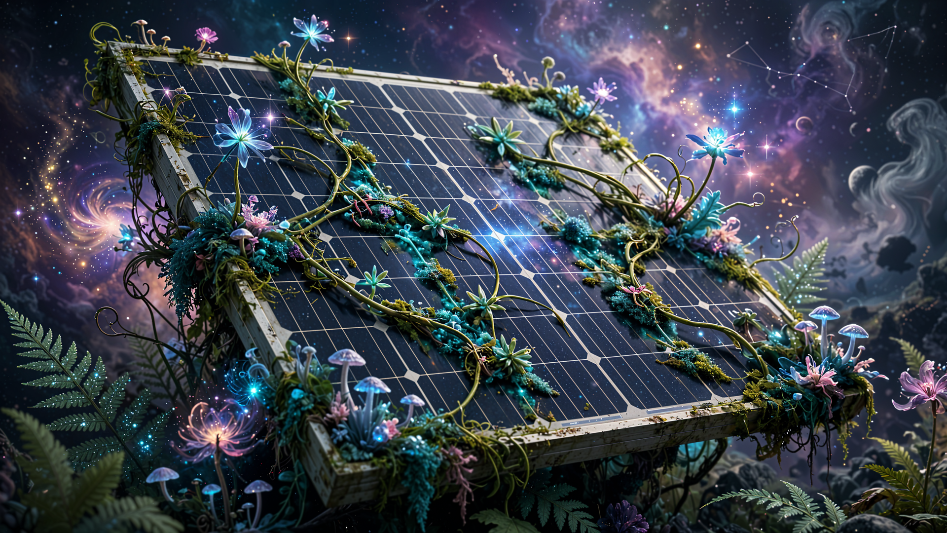 Overgrown solar panels glow beneath a cosmic nebula in this 4K Ultra HD PC desktop wallpaper and background.