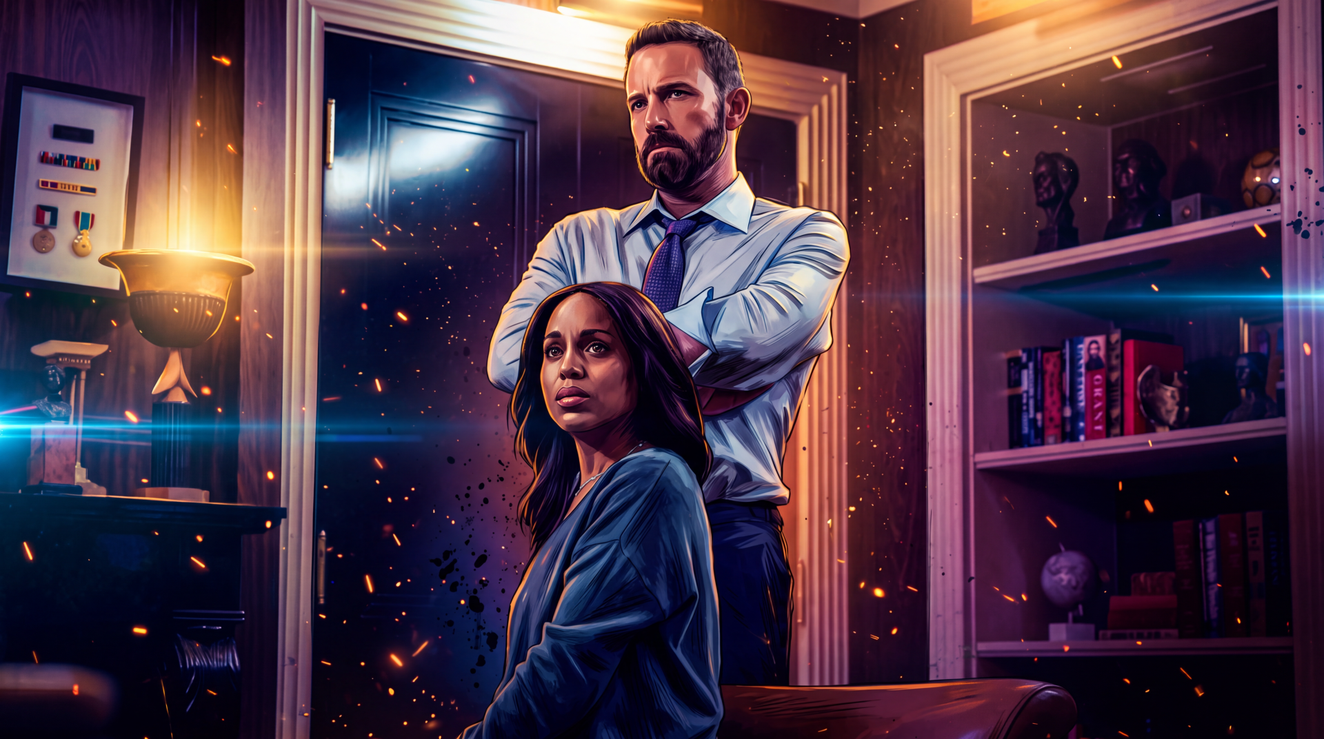 Animals (2026) 5K Ultra HD wallpaper featuring Kerry Washington and Ben Affleck in a dramatic office scene.