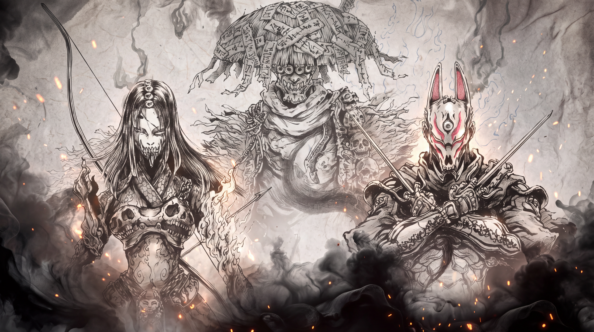 Ghost of Tsushima: Legends warriors and a towering demon in dramatic ink art, featured in a 5K Ultra HD PC desktop wallpaper.