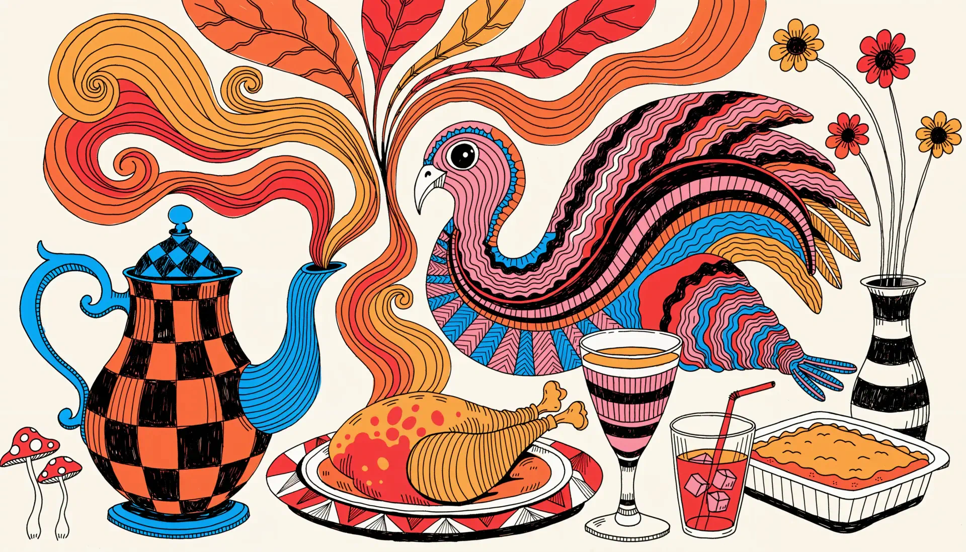 Colorful folk-art Thanksgiving turkey with a checkered teapot, roast dinner, pie, and drinks, 4K Ultra HD desktop wallpaper