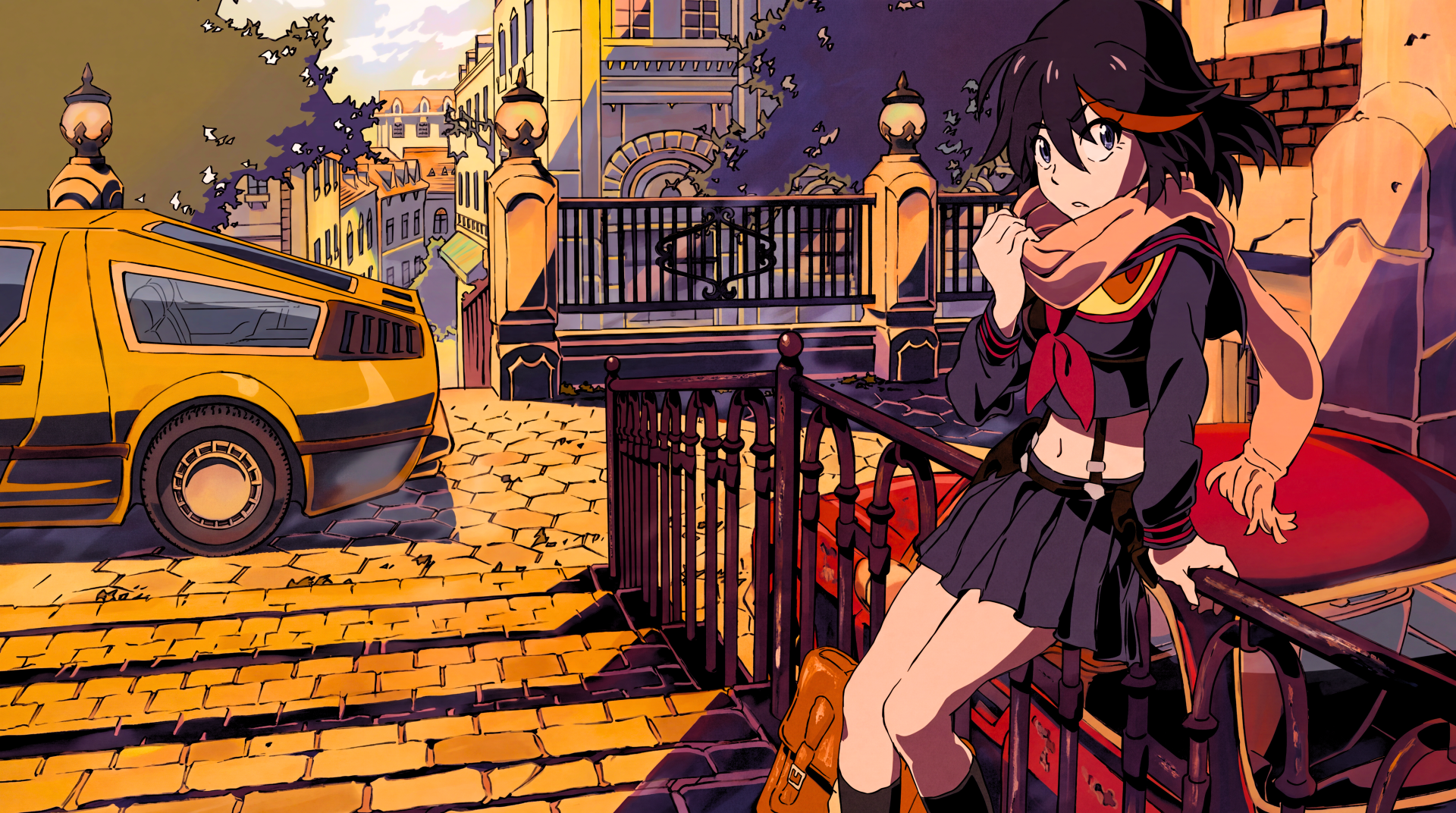 Ryūko Matoi in Senketsu from Kill la Kill on a sunlit city street, 5K Ultra HD PC desktop wallpaper.