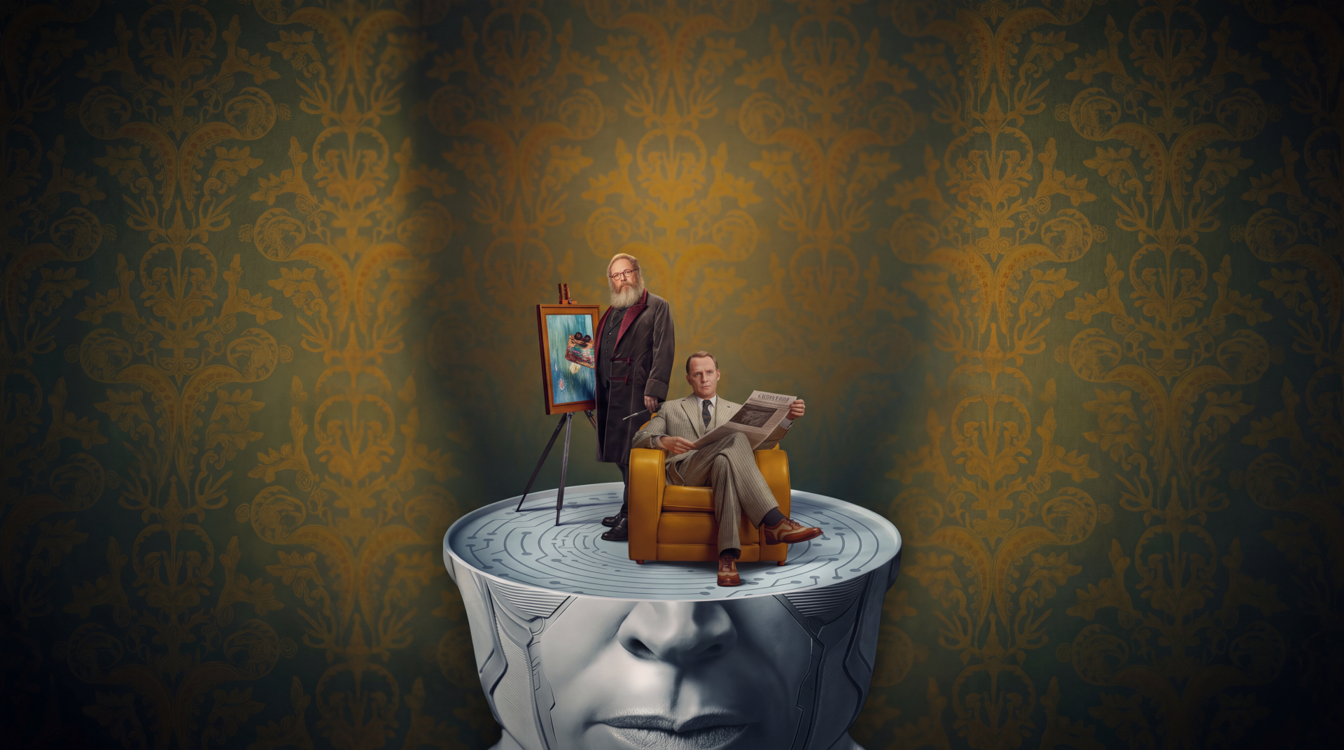 Surreal VisionQuest Marvel wallpaper featuring Vision and Ultron atop a giant sculpted head, in 5K Ultra HD for PC desktop.