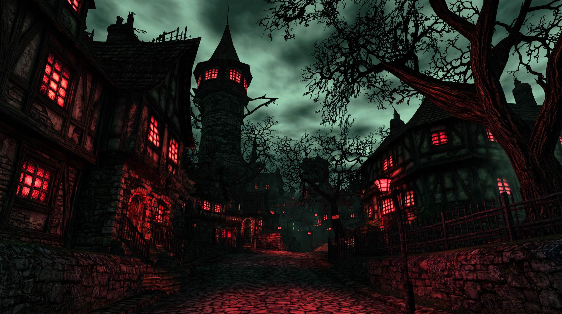 5K Ultra HD PC desktop wallpaper of a PS2core dreamcore haunted medieval village at Halloween, with eerie red-lit windows beneath twisted trees.