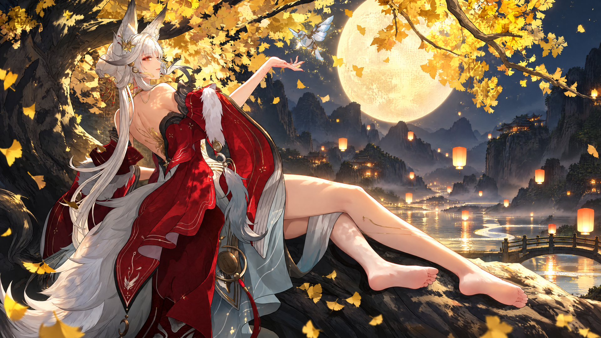 Hsin, an elf anime girl from Wuthering Waves, reclines beneath golden autumn leaves by a moonlit lake in this 4K Ultra HD PC desktop wallpaper.