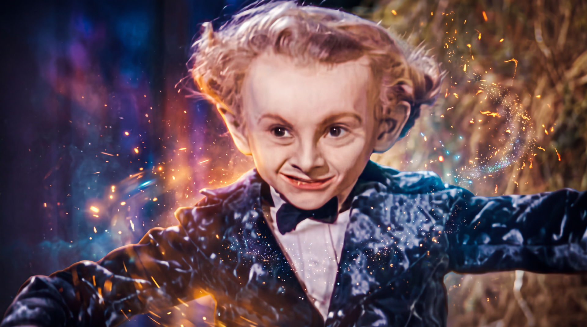 AI Rumpelstiltskin meme portrait of a mischievous child magician surrounded by sparkling magic, in 5K Ultra HD desktop wallpaper.