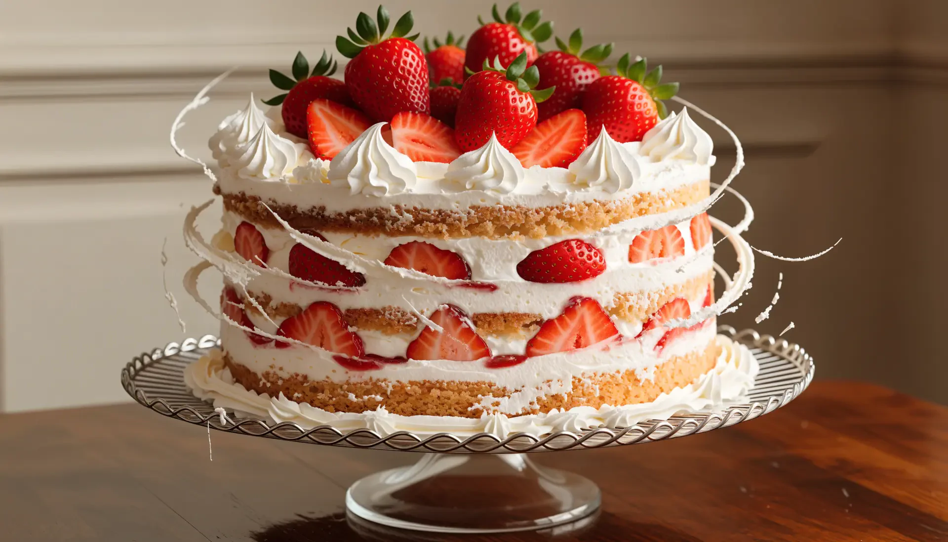Strawberry layer cake topped with fresh berries and whipped cream, 4K Ultra HD PC desktop wallpaper and background.