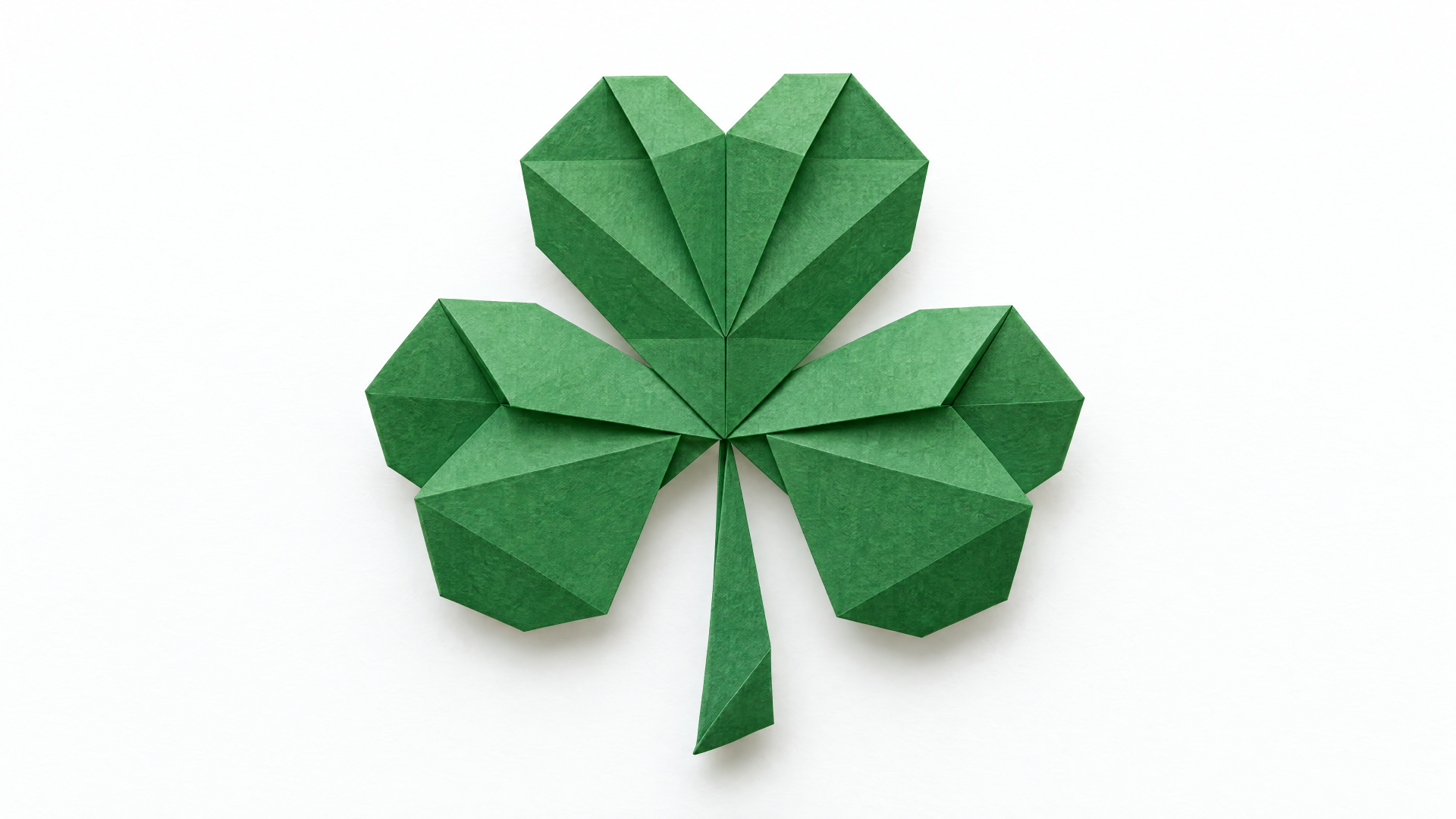 Green origami shamrock clover paper craft on a white background, 4K Ultra HD desktop wallpaper.