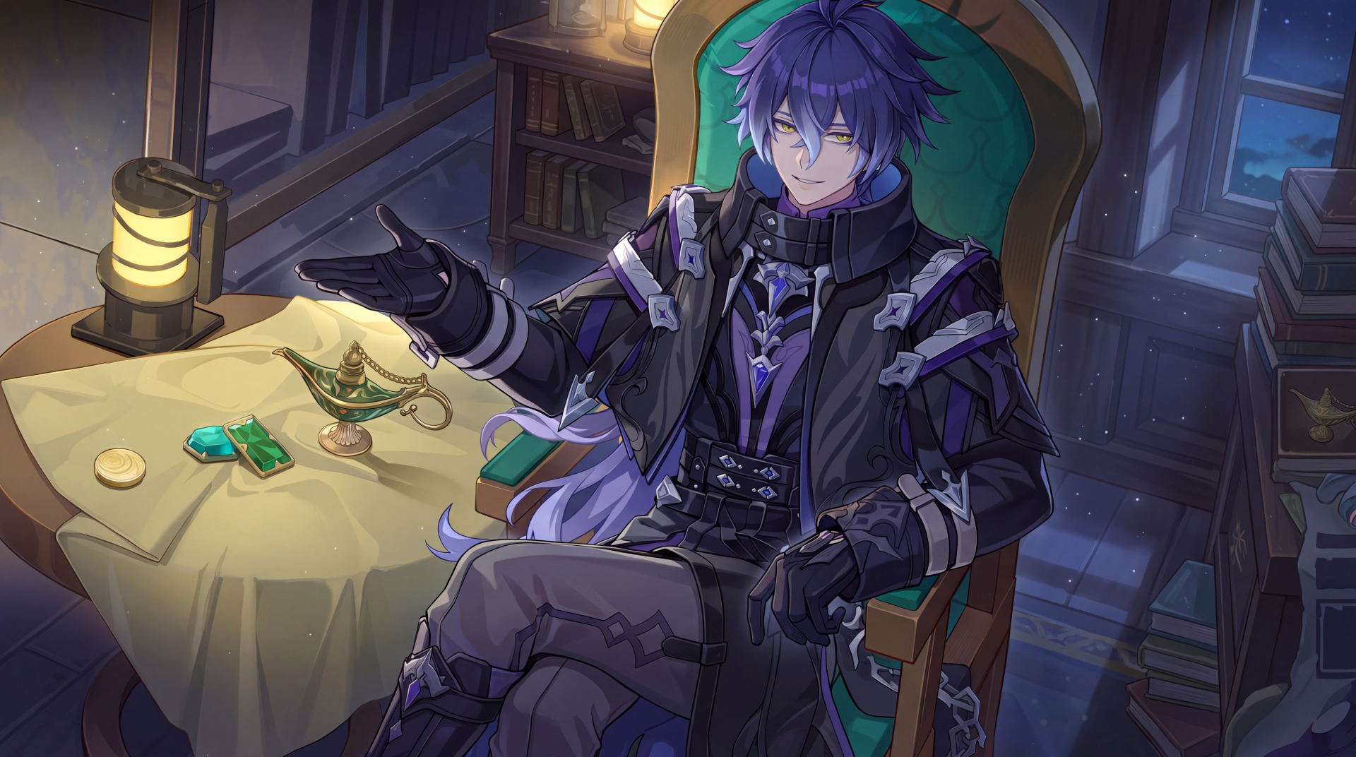 Flins, the purple-haired Genshin Impact anime man, sits at a table in this 5K Ultra HD PC desktop wallpaper.