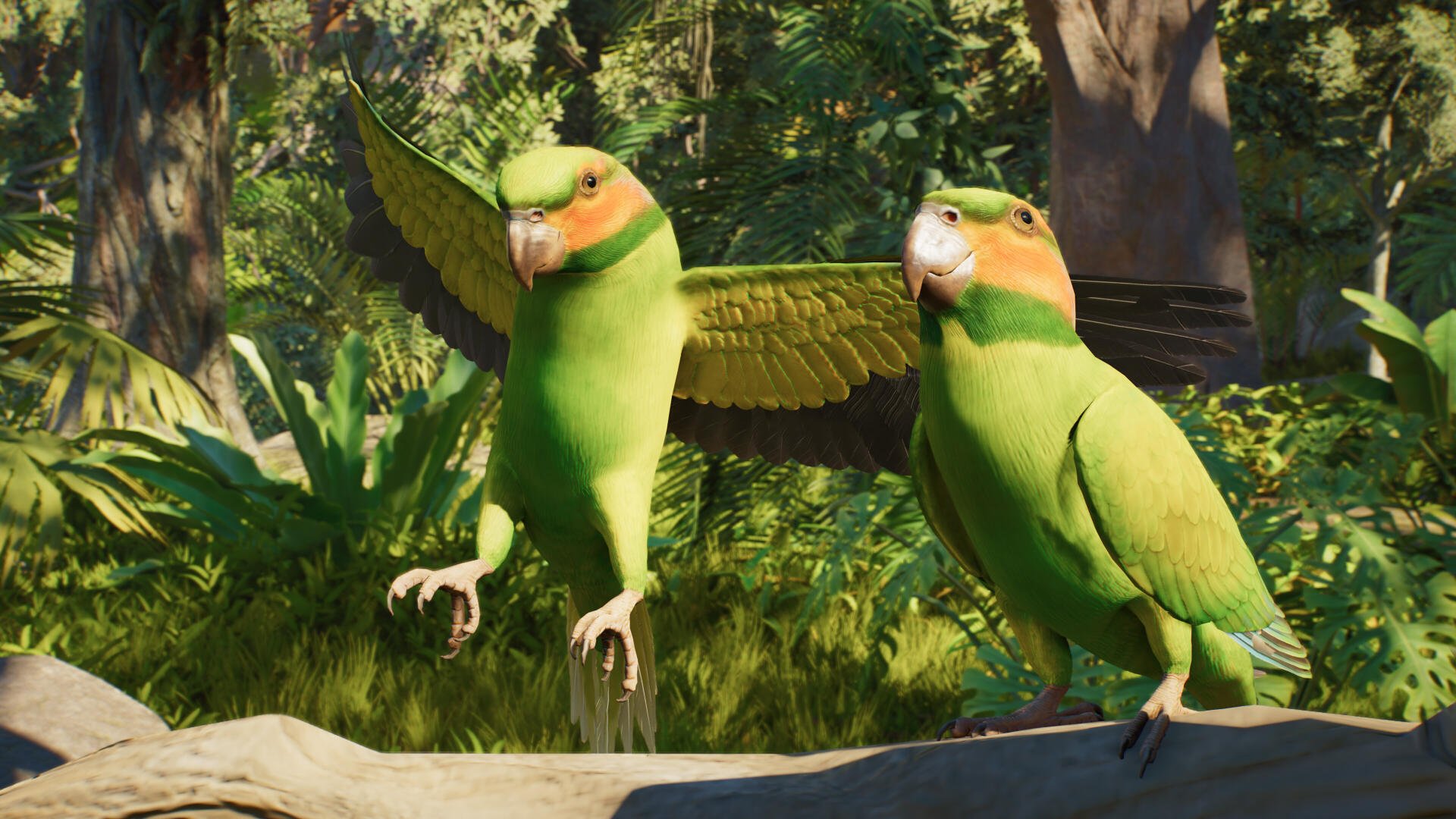 Two green parrots spread their wings in a lush forest, featured in Planet Zoo 2 4K Ultra HD PC desktop wallpaper.
