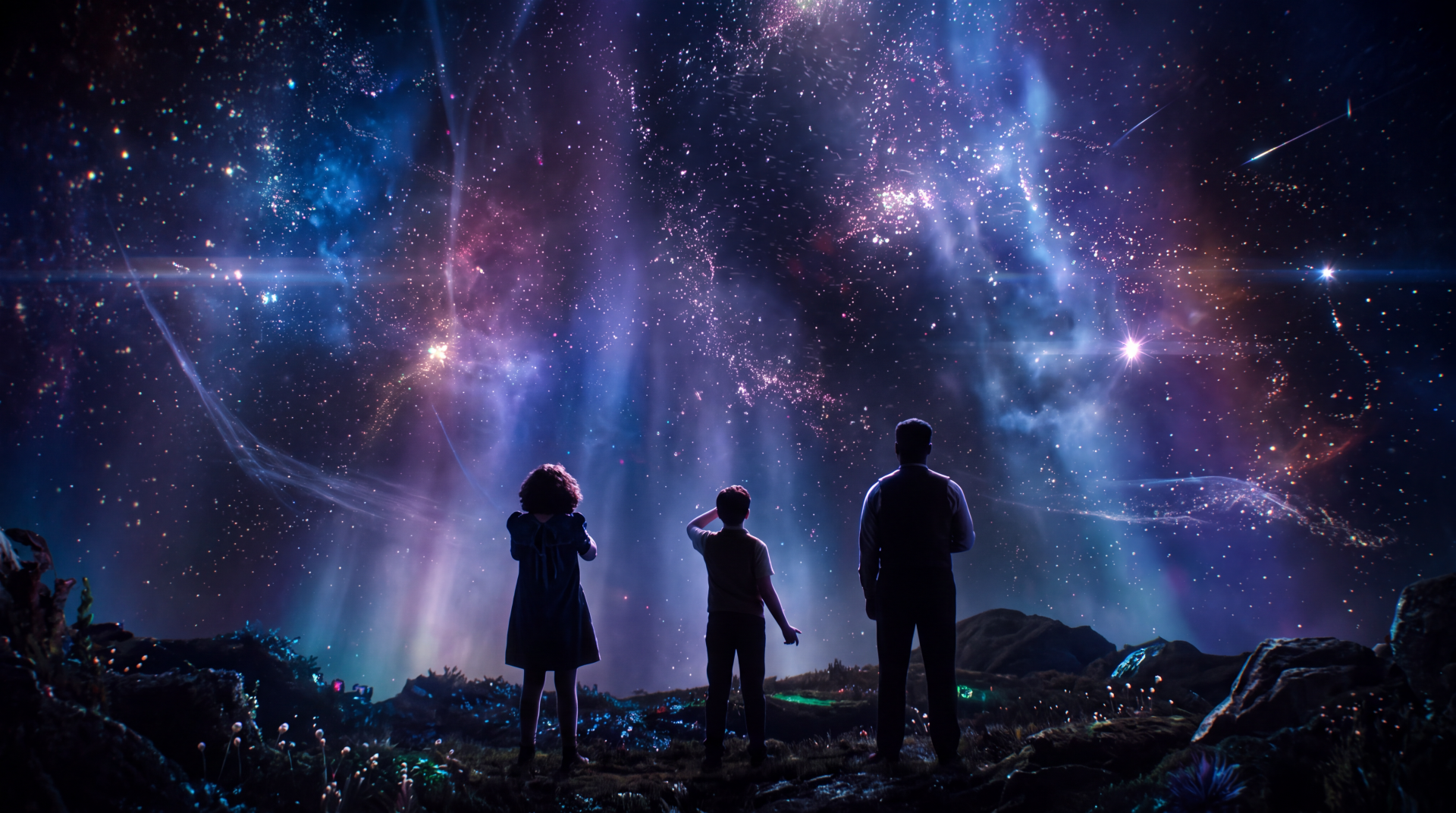 5K Ultra HD Narnia: The Magician’s Nephew desktop wallpaper, with three silhouettes beneath a glowing galaxy in the night sky.