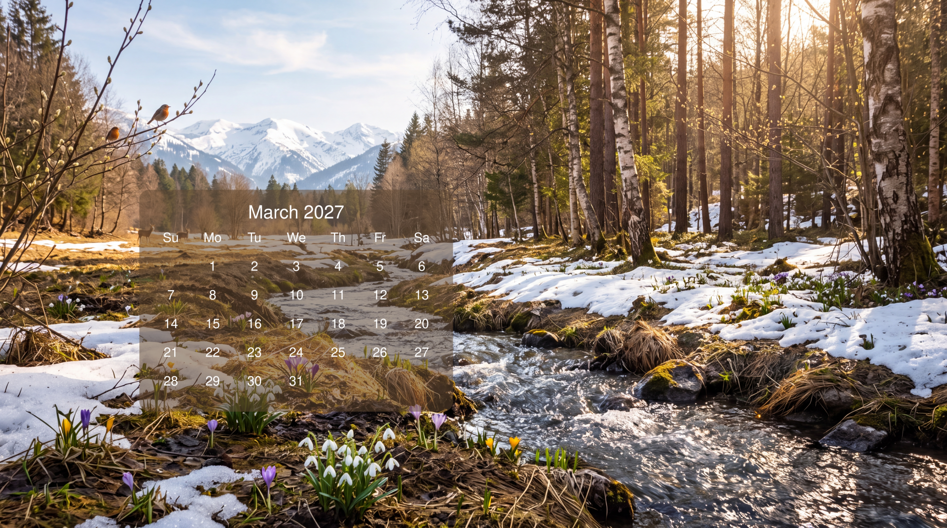 5K Ultra HD desktop wallpaper featuring a March 2027 calendar over a snowy forest river landscape.