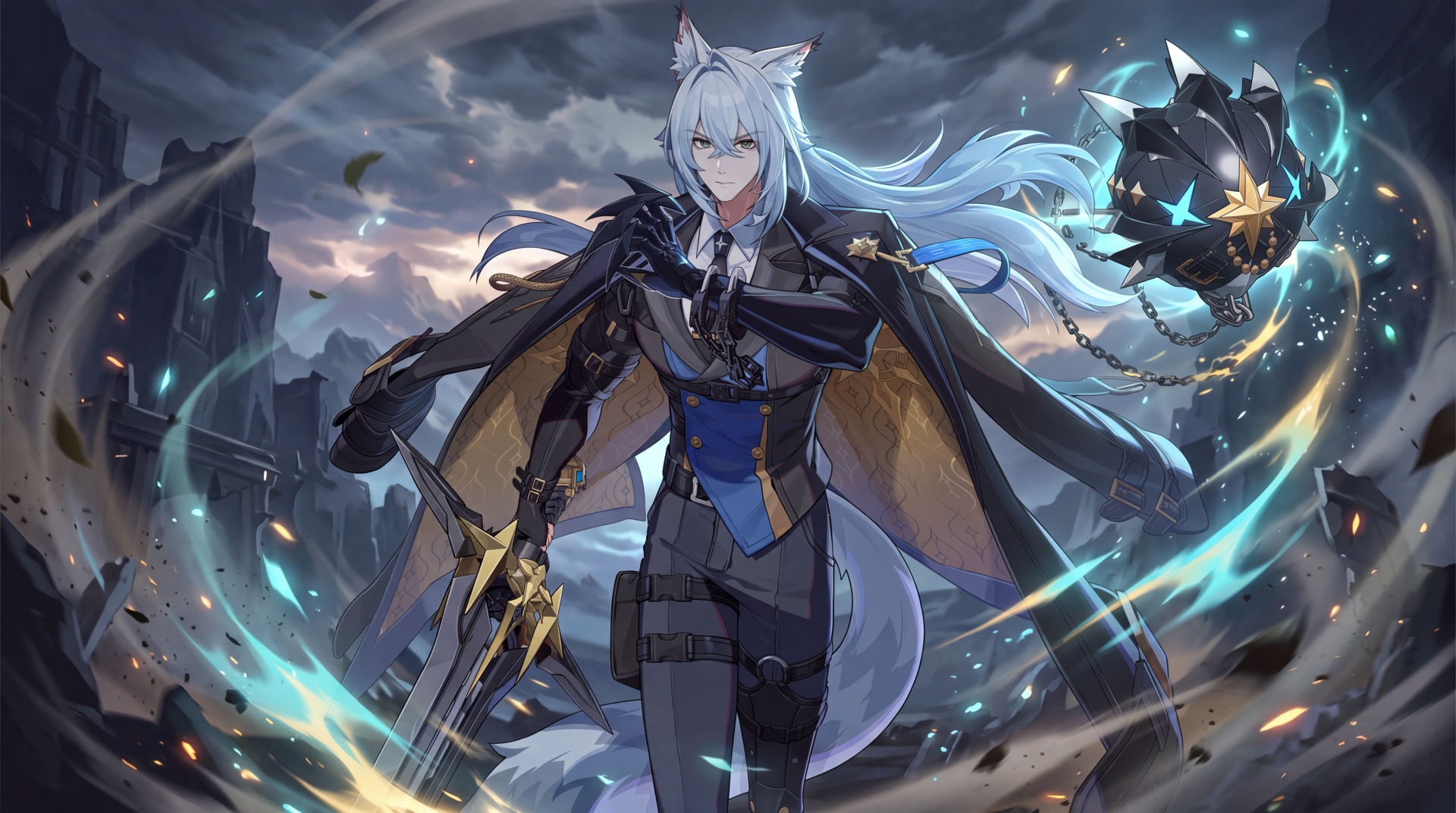 Severian from Zenless Zone Zero, an anime girl with long silver hair amid swirling blue energy, featured in a 5K Ultra HD PC desktop wallpaper and background.