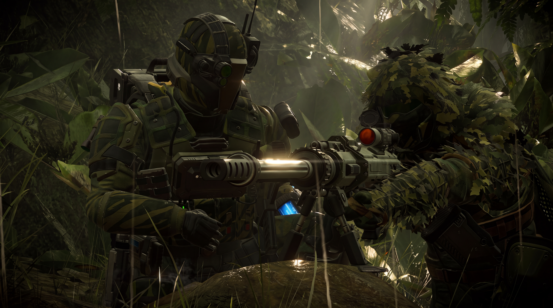 Helldivers 2 soldiers in military camouflage aiming rifles through a dense jungle, 5K Ultra HD PC desktop wallpaper and background.