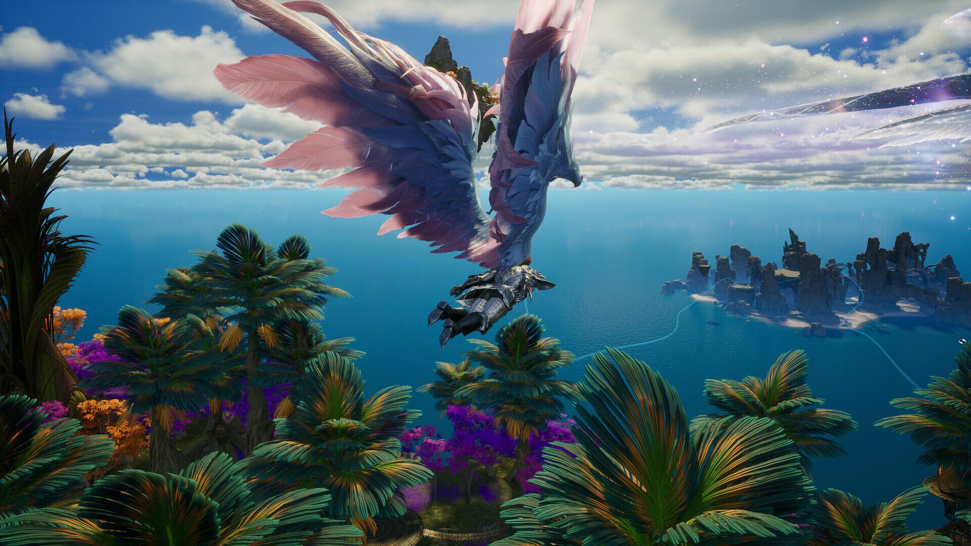 Aion 2 HD PC desktop wallpaper of a giant feathered bird soaring above a tropical ocean and lush island