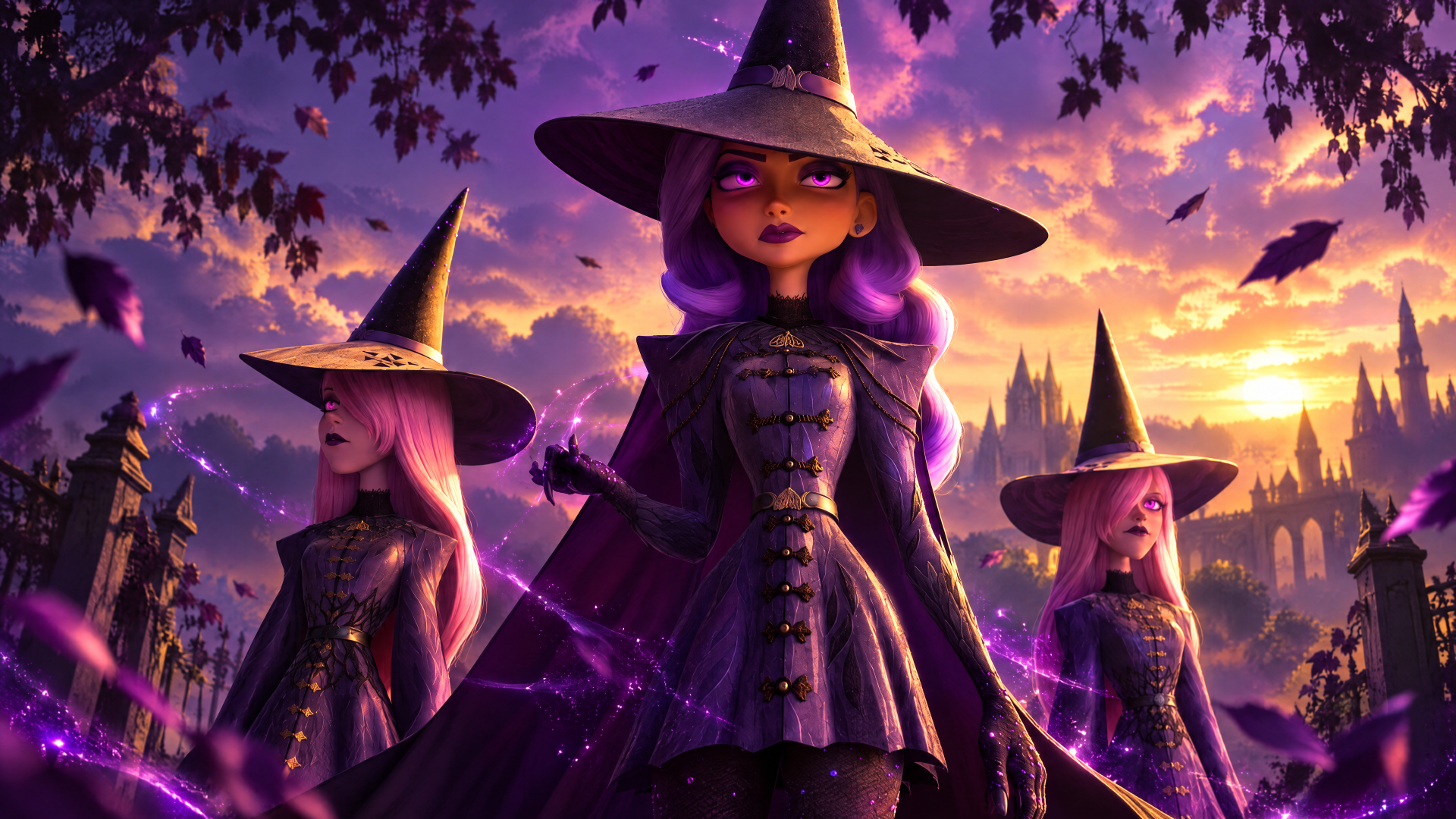Disney’s Hexed (2026) witch trio beneath a glowing sunset, 4K Ultra HD PC desktop wallpaper and background.
