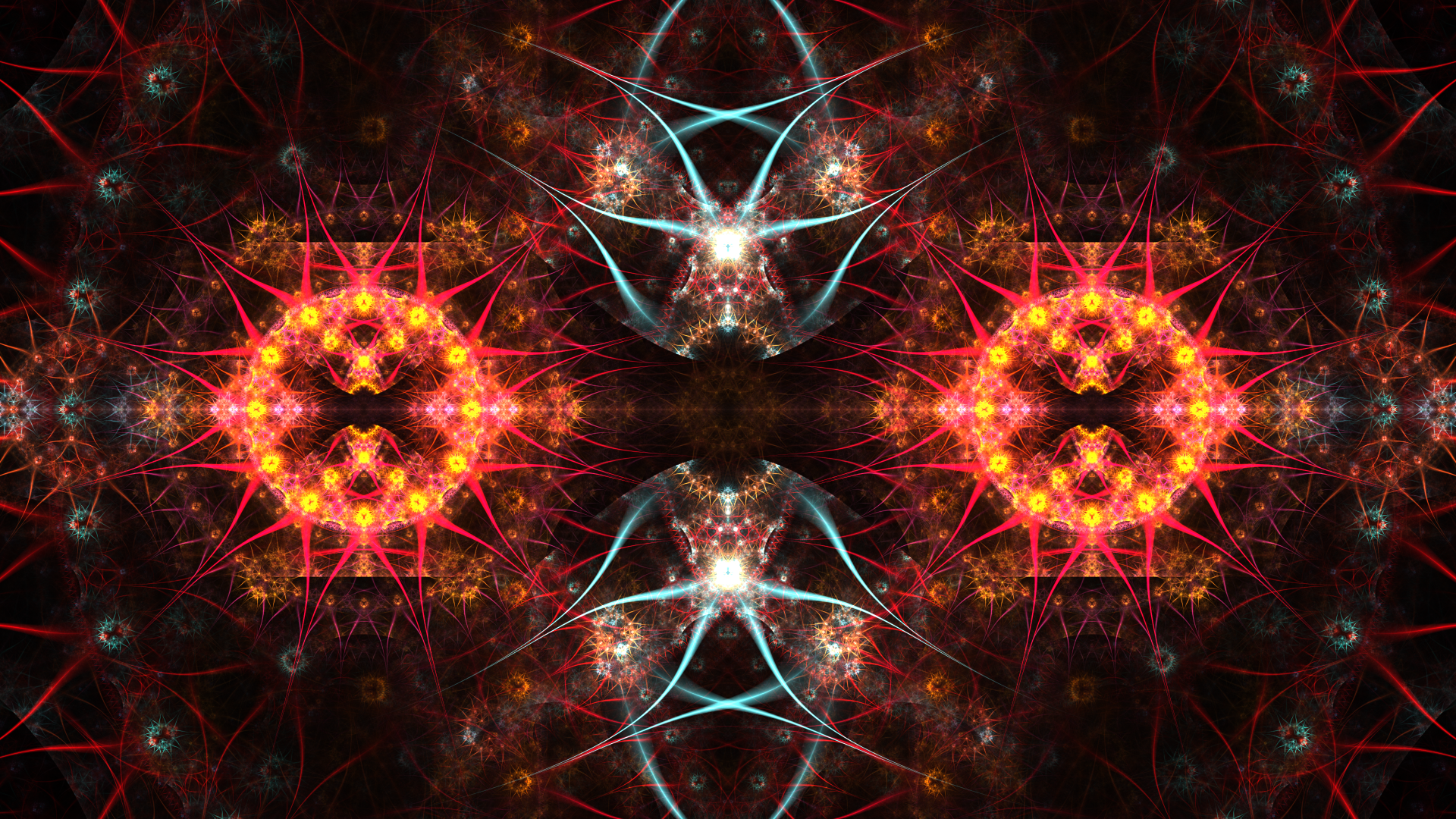 Psychedelic fractal mandala with glowing red and gold cosmic patterns on a dark space background, 4K Ultra HD desktop wallpaper.