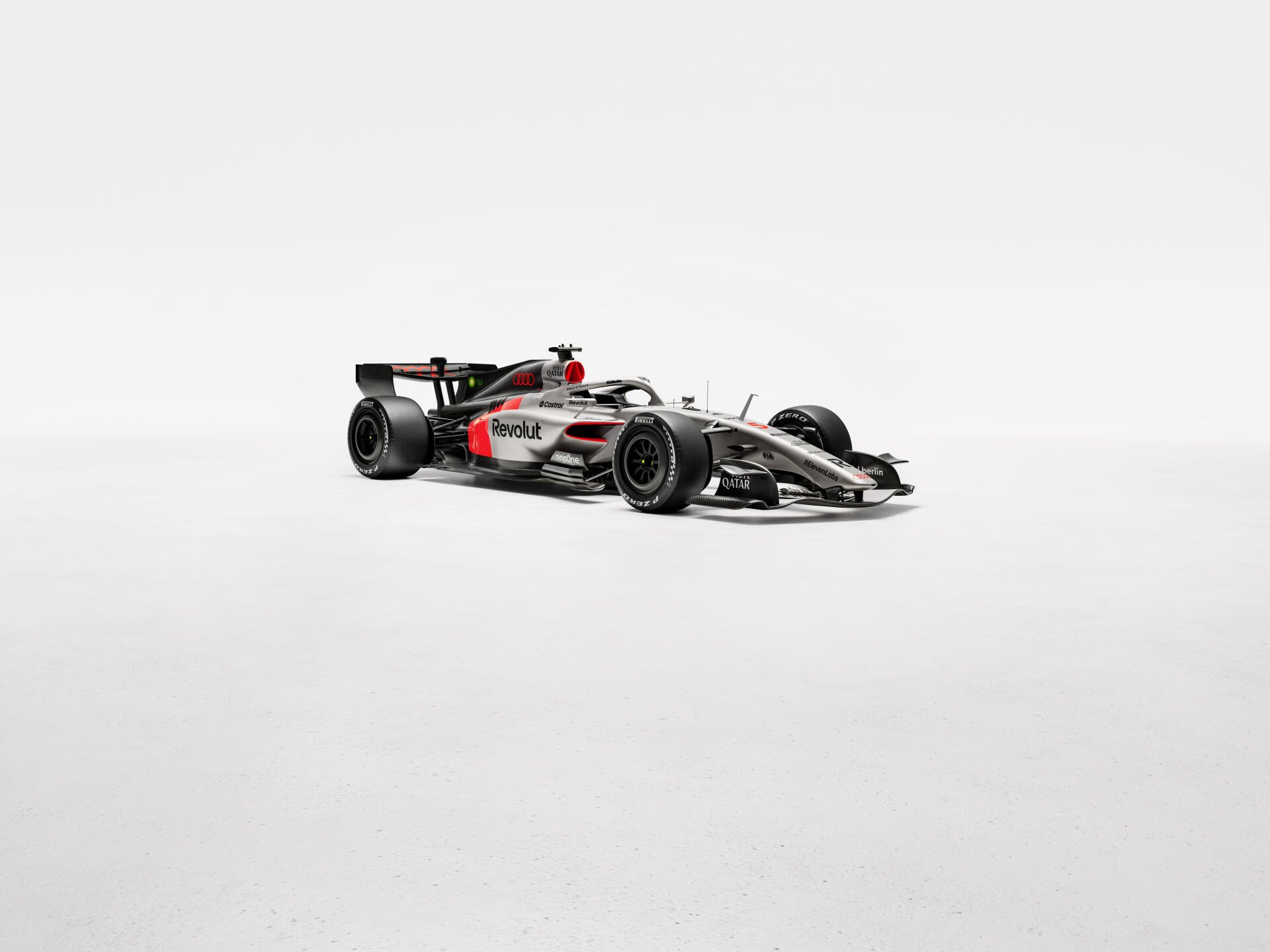 Audi R26 Formula One race car on a clean white background, 4K Ultra HD PC desktop wallpaper.