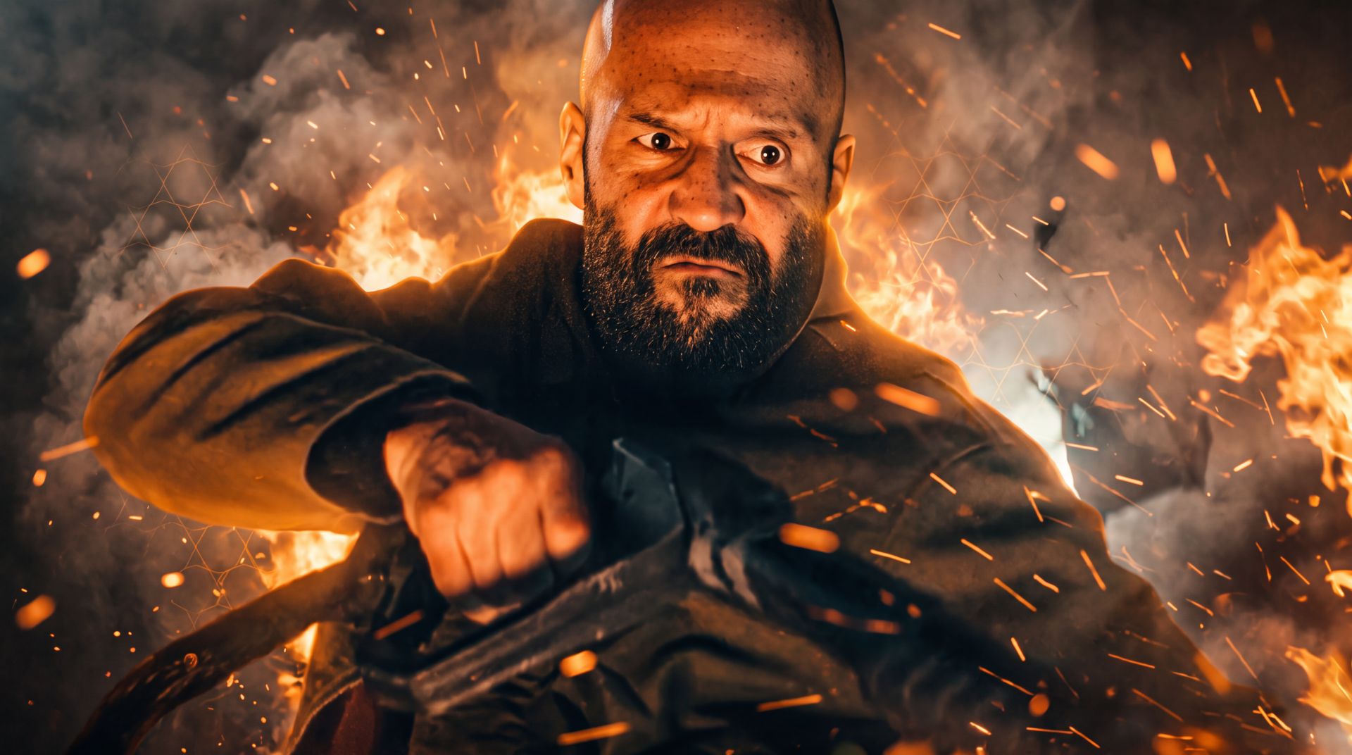 5K Ultra HD desktop wallpaper of Jason Statham wielding a gun amid fire and sparks in The Beekeeper 2.