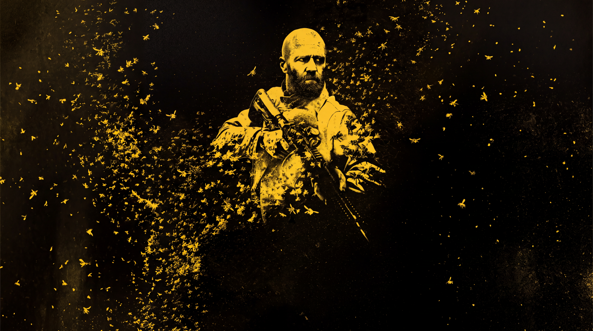 Jason Statham as a soldier holding a rifle amid golden particles in The Beekeeper 2, 5K Ultra HD desktop wallpaper.