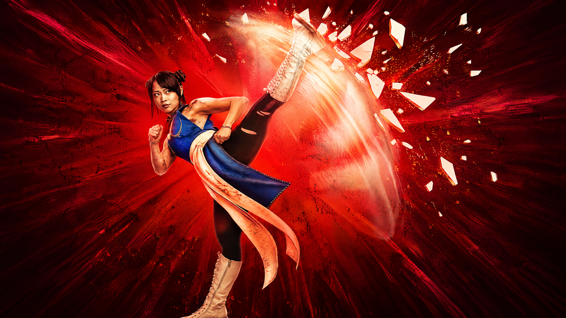 Chun-Li from Street Fighter strikes a dynamic dance pose against a vivid red backdrop, in a 4K Ultra HD PC desktop wallpaper.