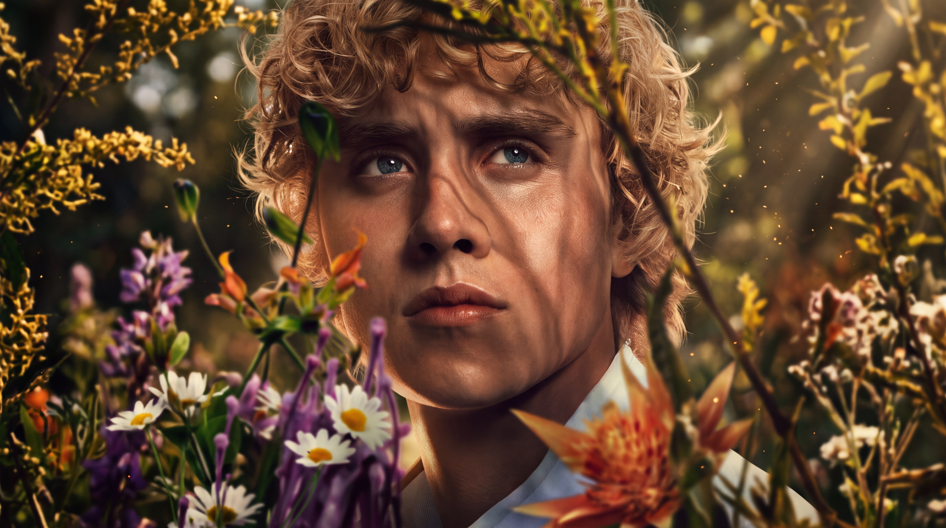 Haymitch Abernathy from The Hunger Games in a flower-filled portrait, 5K Ultra HD PC desktop wallpaper background.