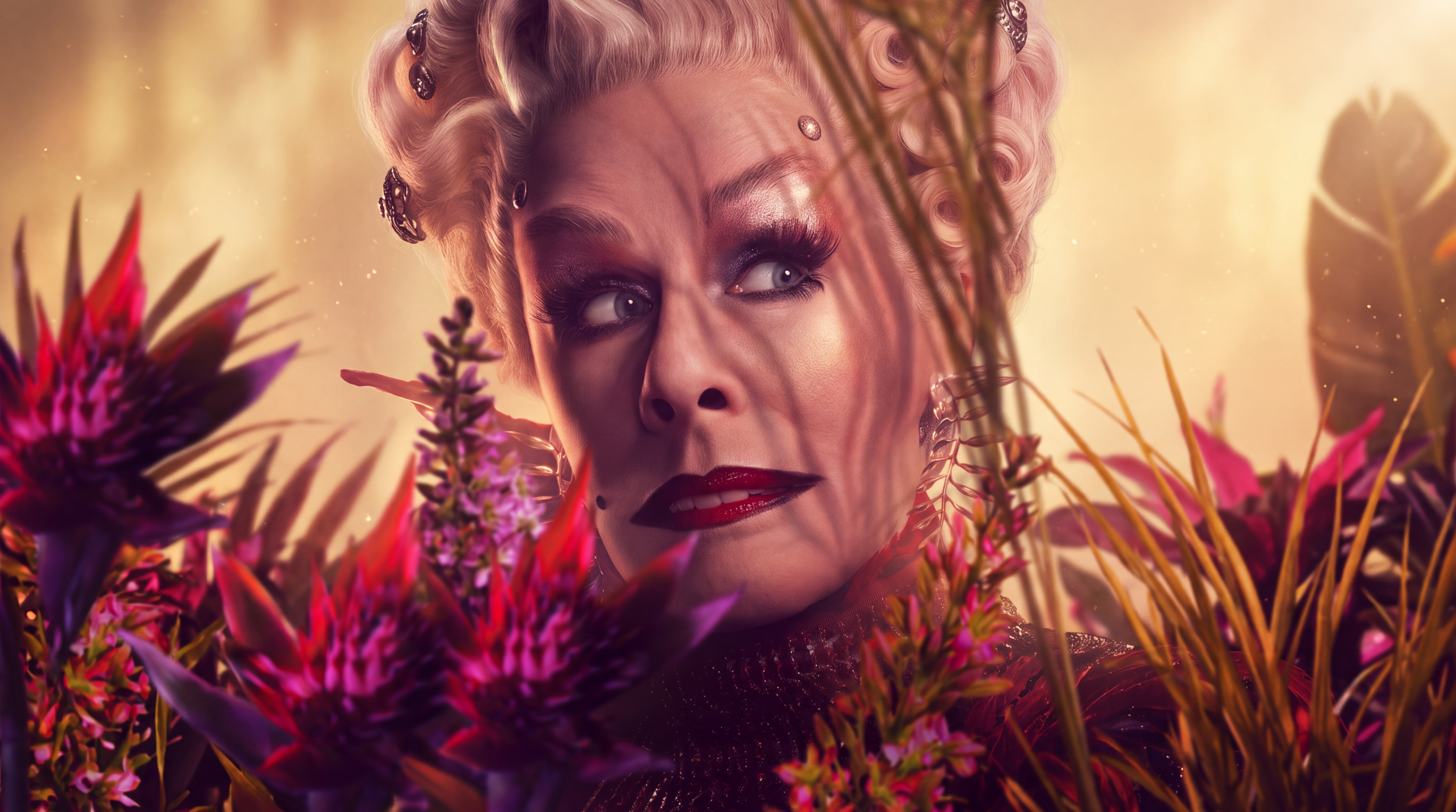 Drusilla Sickle from The Hunger Games in a dramatic floral portrait, 5K Ultra HD PC desktop wallpaper and background.