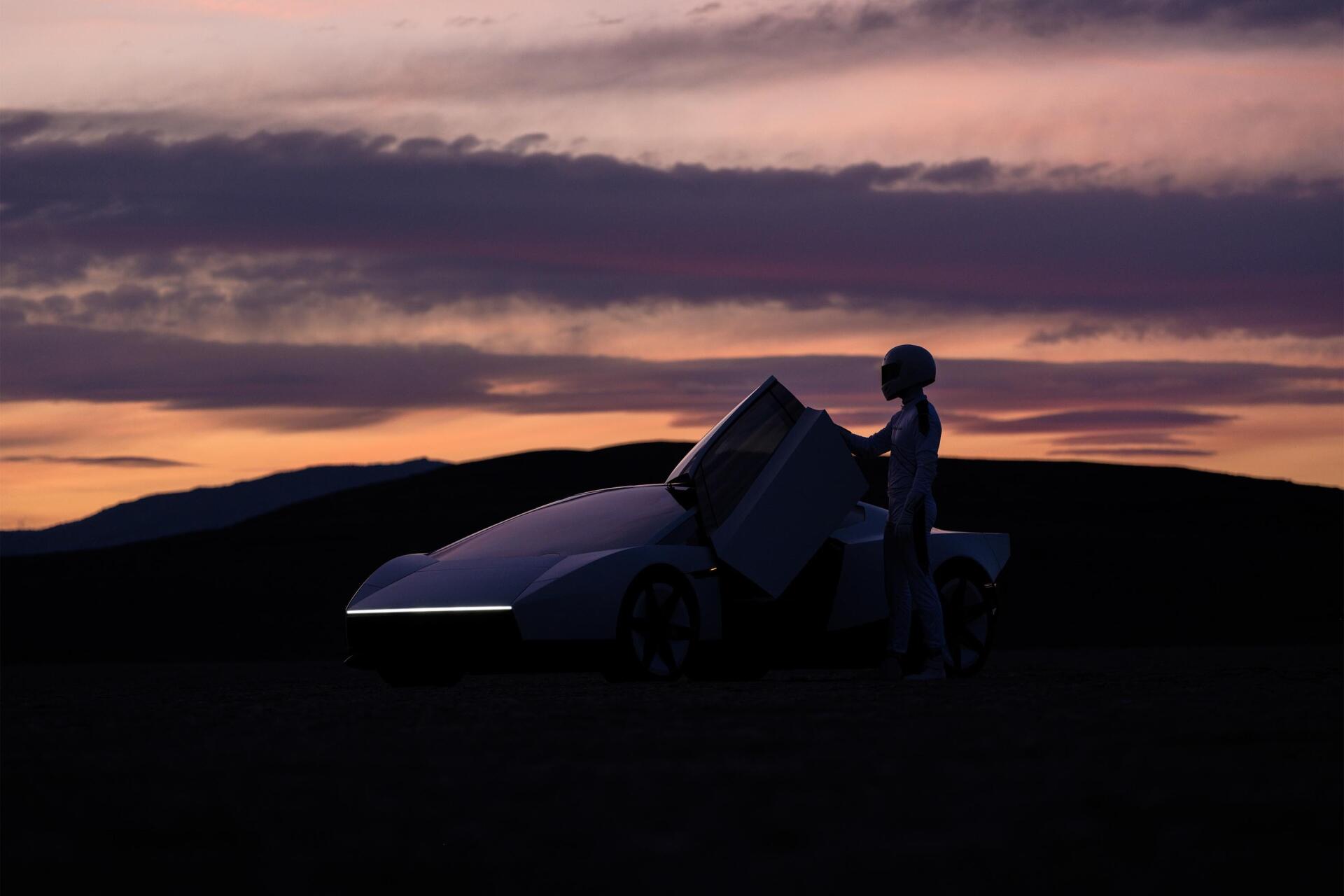 Tesla Roadster and airplane silhouettes against a sunset sky, 2K Quad HD PC desktop wallpaper and background.
