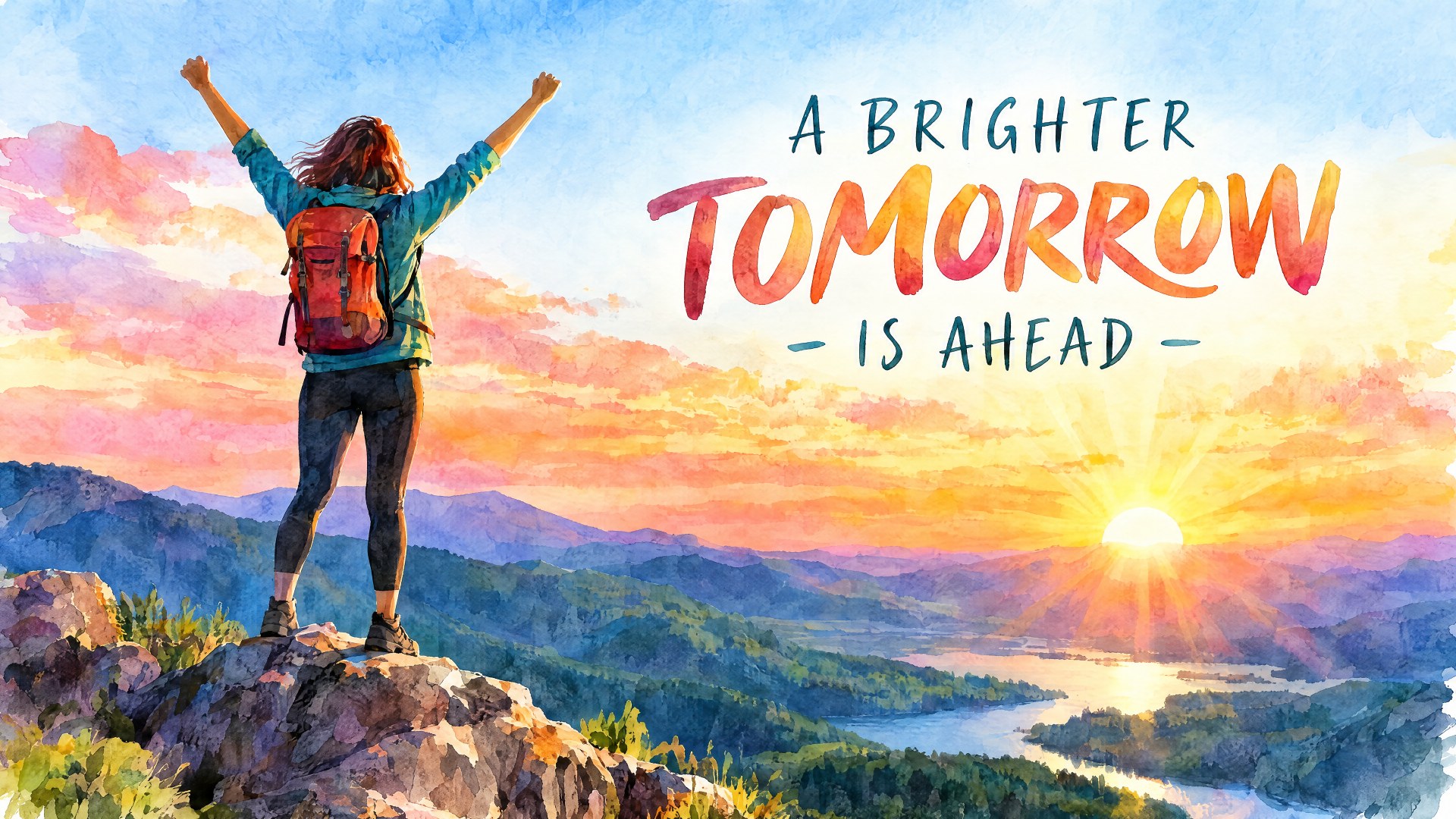 Inspirational 4K Ultra HD desktop wallpaper of a backpacker celebrating sunrise over a mountain valley, with “A brighter tomorrow is ahead” lettering.