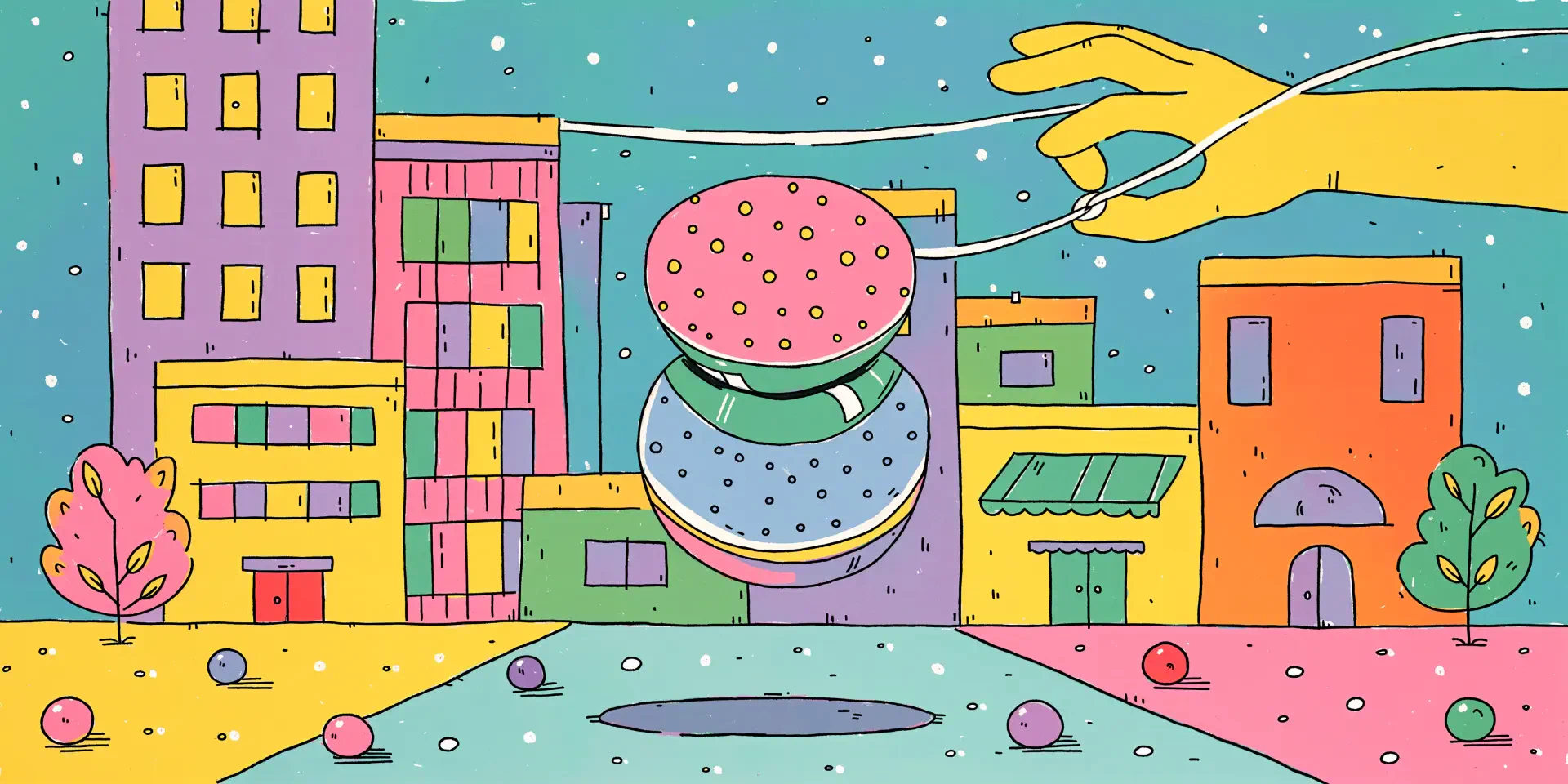 Colorful cartoon hand playing with a hamburger-shaped yoyo against a playful cityscape, 4K Ultra HD desktop wallpaper.