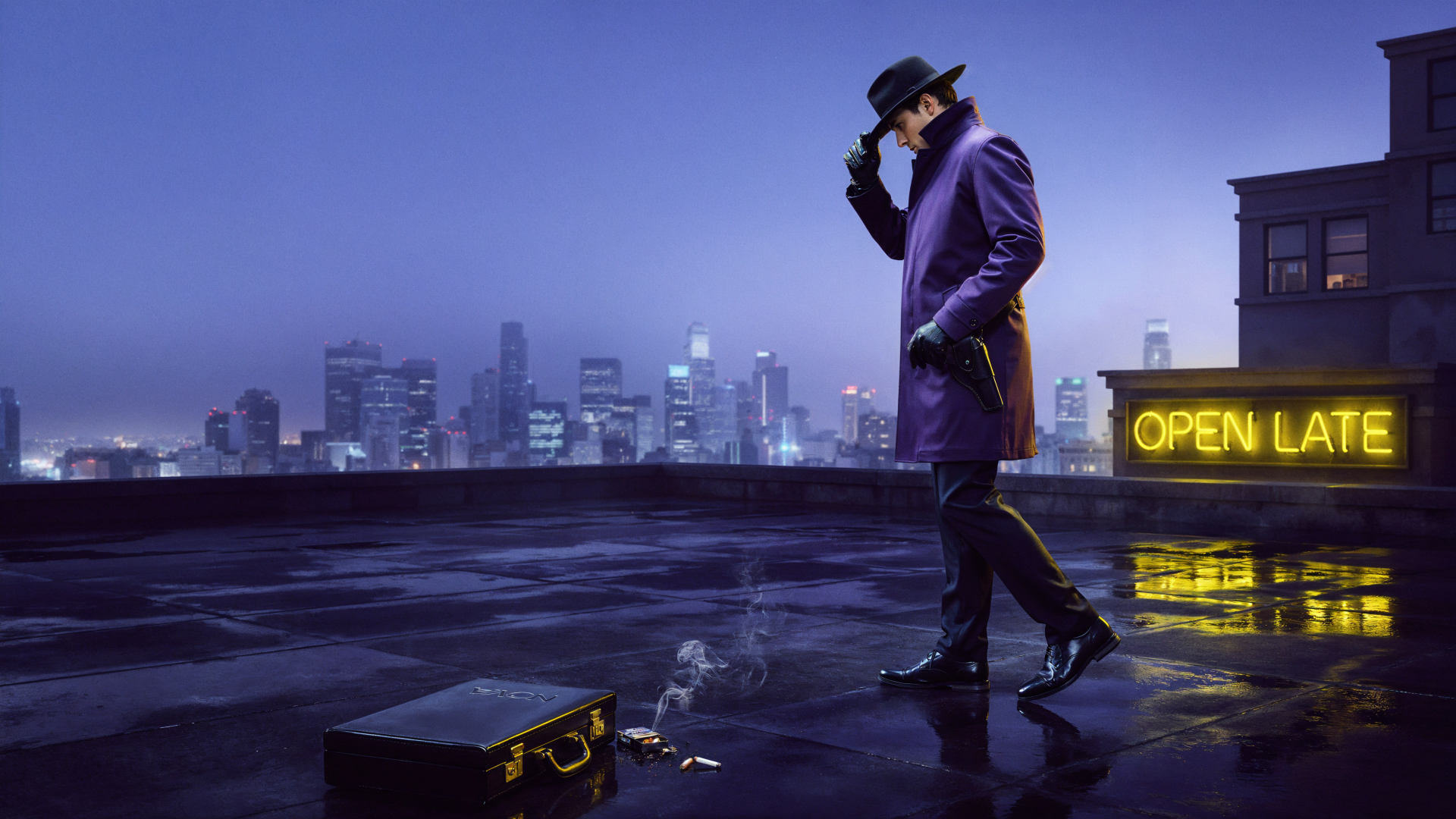 Secret agent on a rain-slick rooftop at night, overlooking a city skyline in this 4K Ultra HD PC desktop wallpaper.