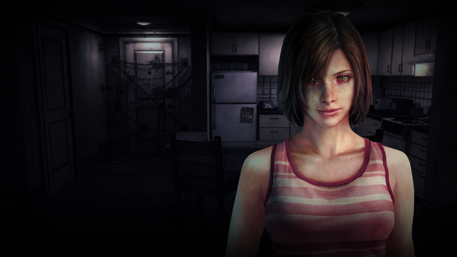 Silent Hill 4: The Room HD PC desktop wallpaper featuring a woman in a striped top in a dark, eerie interior.