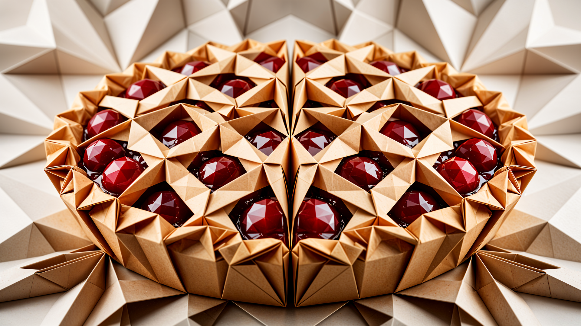 Geometric gold Cherry Pie sculpture adorned with ruby-red jewel accents, a striking 4K Ultra HD desktop wallpaper.