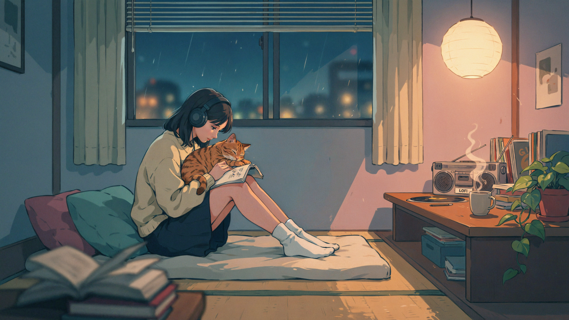 Chill lofi 4K Ultra HD desktop wallpaper of a woman cuddling a cat in a cozy bedroom at night.