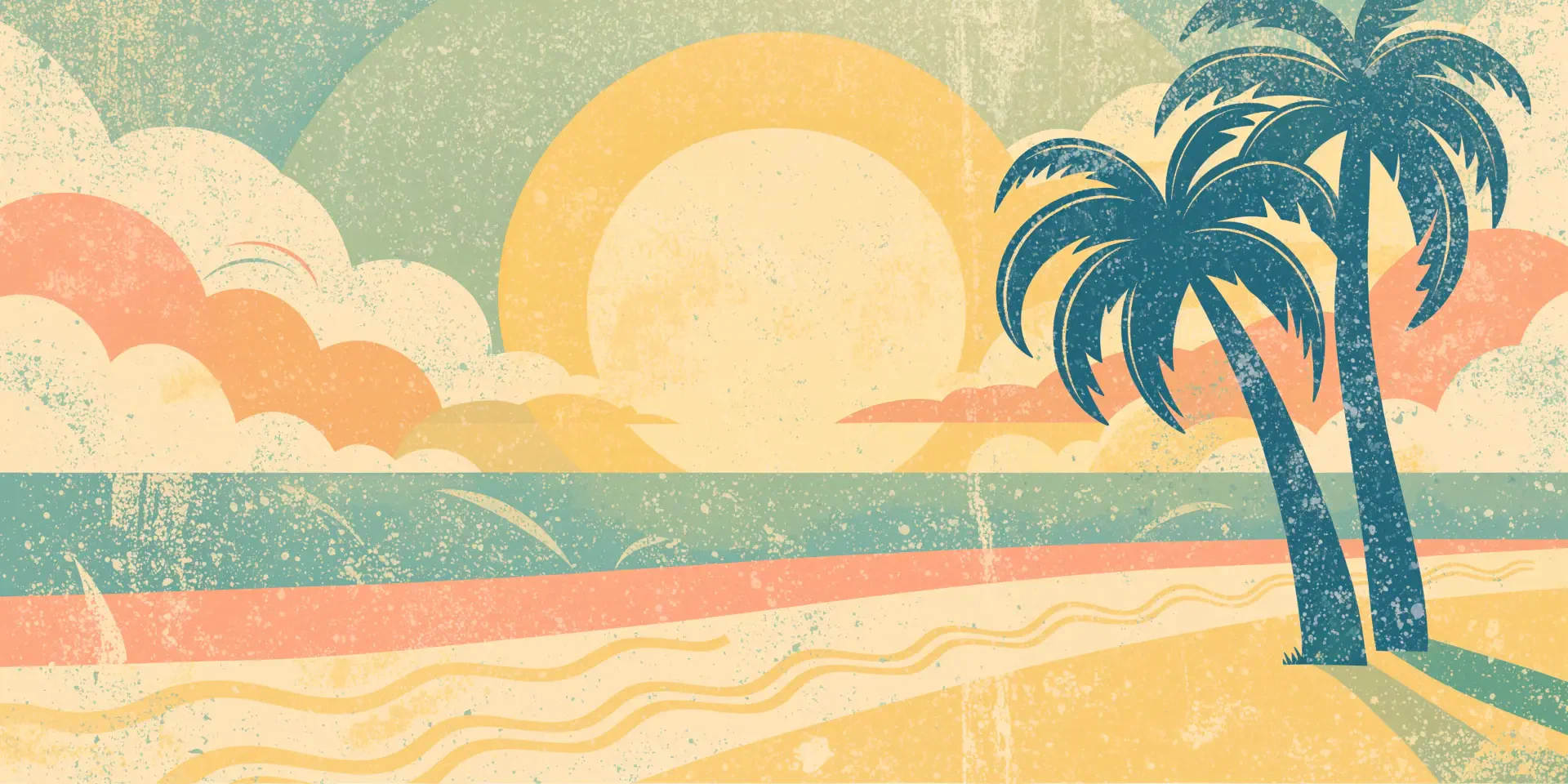 Vintage-style beach sunset with palm trees, a sandy shore, and ocean waves, 4K Ultra HD PC desktop wallpaper background.