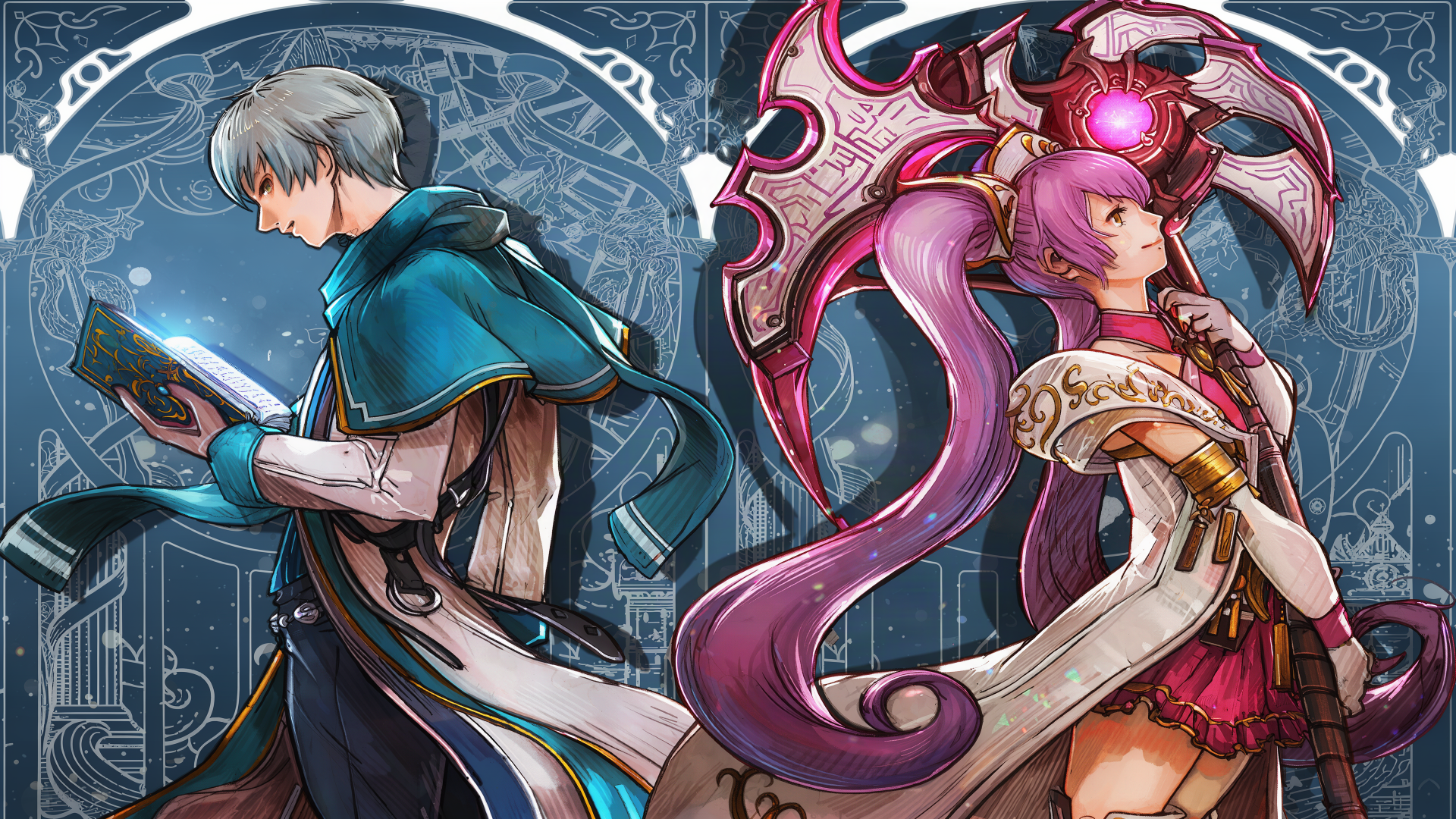 Final Fantasy Resonance anime character illustration featuring a silver-haired mage and pink-haired warrior, 4K Ultra HD PC desktop wallpaper and background.